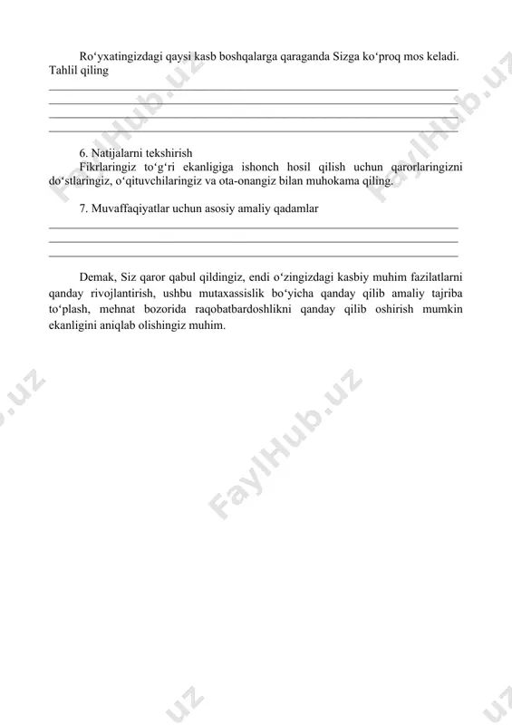 _____ ____________________________________________________________________ ____________________________________________________________________ ____________________________________________________________________ xulosa: koʻpincha kishilar haqiqatan kasbni emas, balki turmush tarzini tanlaydilar. masalan, kimdir kasbni mohiyati uchun emas, balki pul topish yoki chet elga ketish va hokazolar uchun tanlaydi. tabiiyki, yana koʻplab insonlar muhim va olijanob maqsadlariga etish ucun, oʻz imkoniyatlarini rivojlantirish va roʻyobga chiqarish uchun, hatto hozirgi paytda nufuzli boʻlmagan kasbni egallashlari uchun kasb tanlaydilar. «siz qanday kasblarni bilasiz?» kasblar dunyosi juda xilma-xil , ba’zi ma'lumotlarga koʻra ularning 40 mingtadan ortiq turi bor va har yili 500 ga yaqin yangilari paydo boʻladi. oʻz qiziqishlaringiz va qobiliyatlaringizga mos bitta kasbni tanlashingiz kerak. keling, kasblar dunyosi haqida qay darajada xabardor ekanligingizni bilib olaylik. siz nechta kasbni bilasiz? siz ushbu harflardan boshlanadigan kasb yoki mutaxassislikni oʻylab topishingiz kerak. k______________________________________________________________ ____________________________________________________________________ ____________________________________________________________________ r______________________________________________________________ ____________________________________________________________________ ____________________________________________________________________ f______________________________________________________________ ____________________________________________________________________ ____________________________________________________________________ p______________________________________________________________ ____________________________________________________________________ ____________________________________________________________________ endi siz yumor (hazil) bilan savollarga javob bering. sizga kasblarning gʻayrioddiy xususiyatlari berila