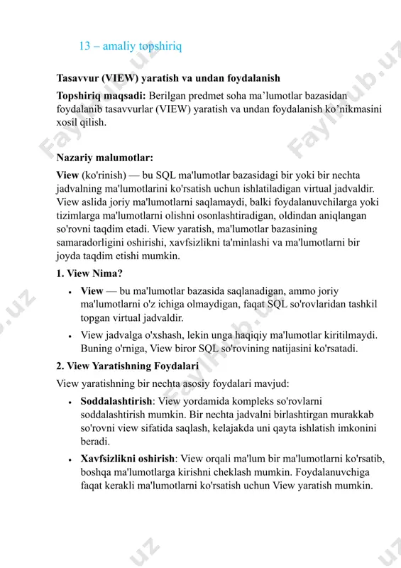 ta so'rov qilib olishni tejaydi. 3. view yaratish va o'chirish view yaratish uchun create view komandasidan foydalaniladi. quyida bir misol: create view user_details_view as select u.user_id, u.name, s.plan_name, p.amount from users u join subscriptions s on u.subscription_id = s.subscription_id join payments p on u.user_id = p.user_id; bu so'rov user_details_view deb nomlangan view yaratadi, u users, subscriptions va payments jadvalidagi ma'lumotlarni birlashtiradi. viewni o'chirish uchun esa quyidagi komanda ishlatiladi: sql копировать код drop view user_details_view; 4. view va jadval o'rtasidagi farq • jadval: ma'lumotlar bazasida haqiqiy ma'lumotlarni saqlaydi. jadvalda saqlangan ma'lumotlar doimiy va o'zgaruvchan bo'lishi mumkin. • view: haqiqiy ma'lumotlar saqlanmaydi. view faqat sql so'rovining natijasini ko'rsatadi va doimiy o'zgarib turadi. 5. view turlari 1. simple views (oddiy ko'rinishlar): o bir yoki bir nechta jadvalga asoslangan, faqat select so'rovlarini o'z ichiga olgan view'lar. o masalan: bir nechta ustunni yoki jadvallarni ko'rsatadigan so'rovlar. 2. complex views (murakkab ko'rinishlar): o agarda view bir …