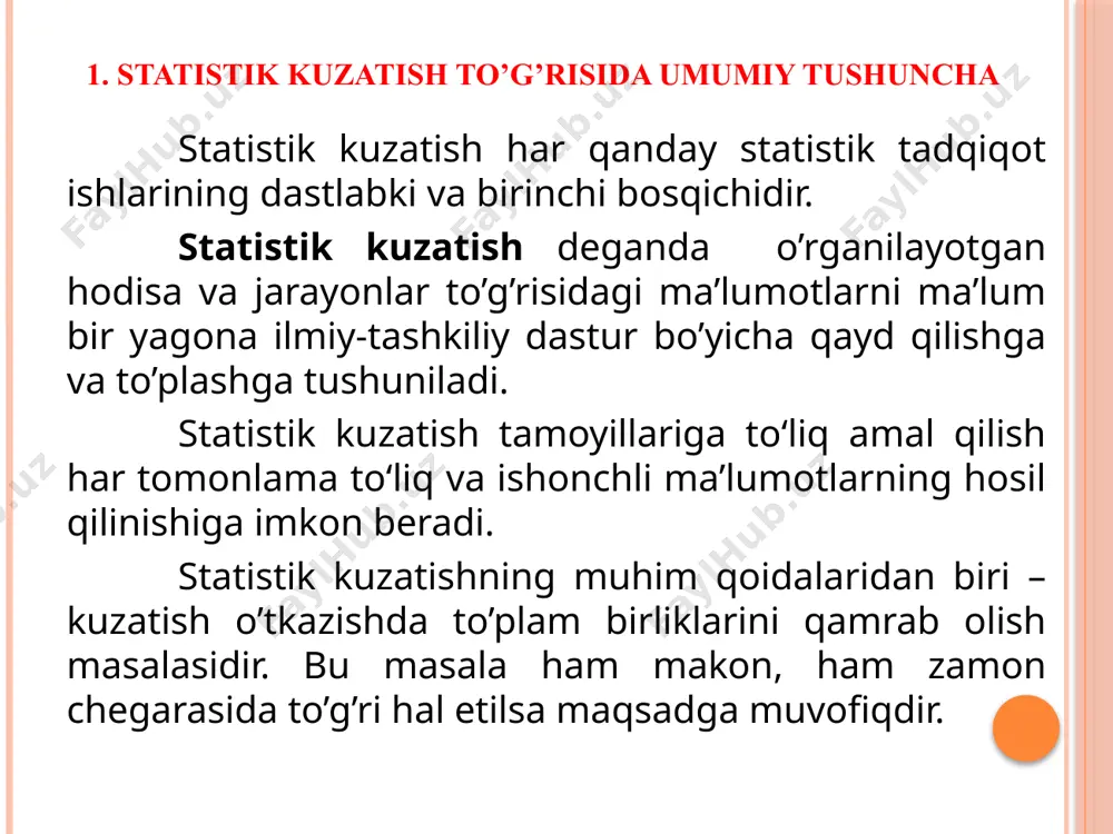zatish tuplam birliklarini qamrab olish darajasiga qarab ikki turga bo‘linadi: yoppasiga kuzatish qisman kuzatish statistik kuzatish to’plam birliklarining barchasi kuzatiladi. masalan, o’zbekis-tonda aholi ro’yxati o’tkazi-ladigan bo’lsa, respublika fuqa-rolarning barchasi (qaerda-ligidan qat’iy nazar) ro’yxatga olinadi. o’rganilayotgan to’plam birlik-larining bir qismi kuzatishga jalb qilinadi. qisman kuzatish to’rtta turga bo’linadi anketa orqali kuzatish monografik tasvirlash asosiy massivni kuzatish tanlab kuzatish savollar yozil-gan varaqalar kuzatish birlik-lariga tarqati-lib, ular to’ldi-rilgandan so’ng yig’ishtirib oli-nadi va umum-lashtiriladi. bunda to’plam-ning bir bo’lagi-ni har tomonla-ma va chuqur o’rganish tushuniladi. o’rganilayotgan belgi umumiy hajmining o’zga-rishiga olib ke-ladigan eng sal-moqli o’rin tut-gan birliklar aj-ratib olib o’rga-niladi. bu kuzatishda bosh to’plam-dan bir qismi-ni tanlab olib tekshirish tu-shuniladi. 3. statistik kuzatishning dasturiy-uslubiy va tashkiliy masalalari statistik kuzatishni tashkil qilish va uni o’tkazishda qo’pol xatolarga yo’l qo’yilsa, statistik kuzatish natijalarining samaradorligi pasayadi. shuning uchun ham bu murakkab ishni boshlashdan oldin har tomonlama muhokama va ekspertiza qilingan kuzatish rejasini tuzish zarur. statistik kuzatish rejasi dasturiy-uslubiy …