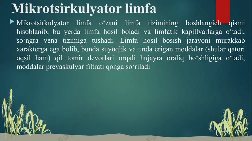 jasida kamayib ketadi. hujayra yuzasiga joylashib olgan oqsil mitsellalari ularni cho‘ktiradi va adgeziya, agregatsiya va agglyutinatsiyani rivojlantiradi. sladj-fenomen tomir torayishi va mikrotomirlar perfuziyasining buzilishi sladj-fenomen tomir torayishi va mikrotomirlar perfuziyasining buzilishi (ularda qon oqimi sekinlashuvi, tostazgacha qadar) transkapillyar almashinuvining buzilishi, gipoksiya va atsidoz rivojlanishi hamda to'qimalarda modda almashinuvi buzilishi bilan kechadi. umuman, ko‘rsatib o‘tilgan o'zgarishlarning yigindisi qiltomir trofik yetishmovchiligi sindromi deb yuritiladi. sladjni yuzaga keltiruvchi sabablarni o'z vaqtida yo’qotish va uni shakllantiruvchi mexanizmlarni qamal qilish qon hujayralari agregatsiyasini buzib, mikrotsirkulyator o‘zan tomirlari perfuziyasini va to‘qima metabolizmini me’yoriga keltirishi mumkin. image2.png image3.png image4.png image5.png