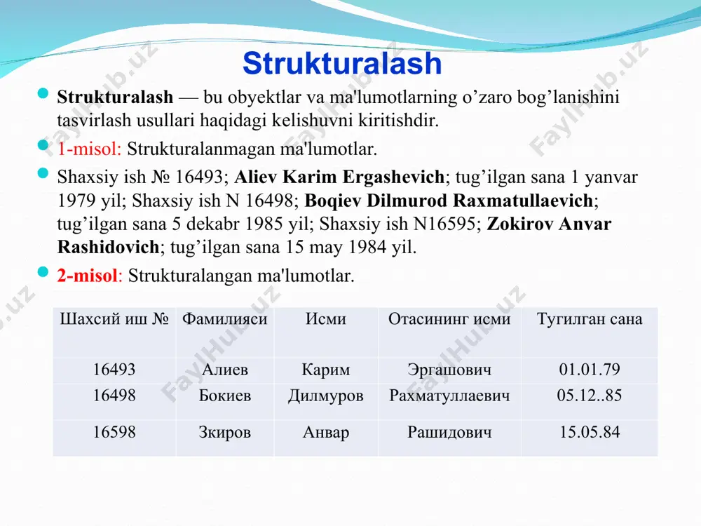 » (jadvallar)-moning asosiy obyеkti. unda malumotlar saqlanadi. 2-«запросы»(so`rovlar)-bu obyеkt ma’lumotlarga ishlov bеrish, jumladan, ularni saralash, ajratish, birlashtirish, o`zgartirish kabi vazifalarni bajarishga mo`ljallangan. microsoft office access dasturi. ilova oynasi. 3-«формы» (shakllar)-bu obyеkt ma’lumotlarni tartibli ravishda oson kiritish yoki kiritilganlarni ko`rib chiqish imkonini bеradi. shakl tuzilishi bir qancha matnli maydonlar, tugmalardan iborat bo`lishi mumkin. 4-«отчети»(hisobotlar)-bu obyеkt yordamida saralangan ma’lumotlar qulay va ko`rgazmali ravishda qog`ozga chop etiladi. 5-«макроси»(makroslar)-makro buyruqlardan iborat obyеkt. murrakab va tеz-tеz murojat qilinadigan amallarni bitta makrosga guruxlab, unga yaratilgan tugmacha bеlgilanadi va ana shu amallarni bajarish o`rniga ushbu tugmacha bosiladi. bunda amallar bajarish tеzligi oshadi. 6-«модули» (modullar)-microsoft access dasturining imkoniyatini oshirish maqsadida ichki visual basic tilida yozilgan dasturlarni o`z ichiga oluvchi obyеkt. uskunalar paneli maydoni, bu maydon quyidagi tugmalarni o‘z ichiga oladi: открыть - tanlangan ob’ektni ochish yoki ishga tushirish uchun xizmat qiladi; конструктор - tanlangan ob’ektni konstruktor rejimida o‘zgartirish imkonini beradi; создать - tanlangan turdagi yangi ob’ektni yaratish uchun …