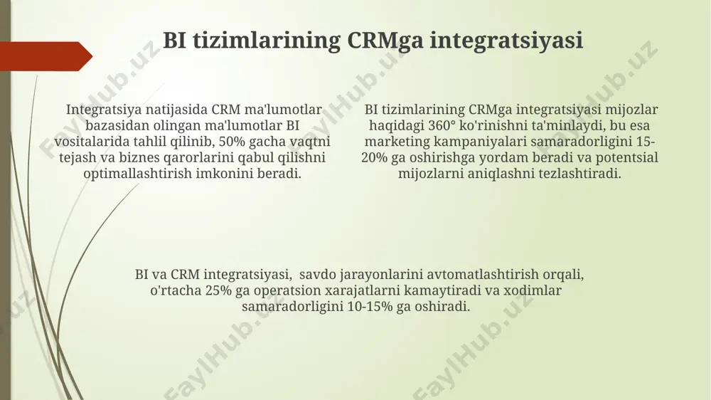chuqur tahlillarni amalga oshirish, crm tizimlarida 30% ga yaqin marketing xarajatlarini optimallashtirish va raqobatbardosh ustunlikni ta’minlash imkonini beradi. real-time ma’lumotlar tahlili va prognozlash imkoniyati bilan ta’minlaydigan bi, crm tizimidagi 20% li xatoliklarni kamaytiradi va biznes qarorlarining aniqligini oshirib, raqobatbardosh ustunlikni kafolatlaydi. crm va bi integratsiyasi mijozlarning 60% dan ortig'i bilan aloqani yaxshilash, sotishni 15% ga oshirish va natijada bozor ulushini kengaytirish orqali raqobatbardoshlikni kuchaytiradi. marketing kampaniyalarini samaradorligini baholash email marketing kampaniyalarining ochilish stavkalari (open rate) va klik stavkalari (click-through rate - ctr) kabi metriklar orqali 25% dan yuqori ochilish va 5% dan yuqori klik stavkalari yuqori samaradorlikni ko'rsatadi. marketing kampaniyalarining samaradorligini baholashda konversiya stavkalari (cr) muhim ko'rsatkich bo'lib, 10% dan yuqori cr yuqori samaradorlikni, 5% dan past cr esa past samaradorlikni ko'rsatadi. mijozlarning hayot davri qiymati (cltv)ni hisoblash orqali har bir mijozdan olingan daromadni aniqlash va kampaniyaning rentabelligini (roi) 20% dan yuqori bo'lishi maqsadga muvofiqdir. kelajakdagi istiqbollar va rivojlanish bulutli …