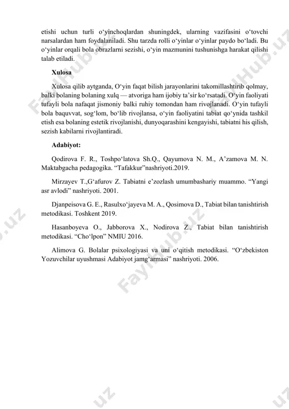 bi o‘yinlardir. bolalar bu o‘yinlarda harakatlarga, tovushlarga taqlid qilib, bilimlarni chuqurroq egallaydilar; o‘yindan zavqlanish bolalardagi tabiatga bo‘lgan qizishni chuqurlashtiradi. ijodiy o‘yinlar. uyinda bolalar mashg‘ulot, ekskursiya, kundalik hayot jarayonida olingan taassurotlarni aks ettiradilar, kattalarning tabiatdagi mehnati (parrandachilik fabrikasi, qoramolchilik fermasi, teplista va shu kabilardagi ishlar) haqidagi bilimni egallaydilar, bunda ularda mehnatga ijodiy munosabat shakllanadi, ular kattalarning tabiatdagi mehnatining ahamiyatini anglab oladilar. tabiatshunoslik mazmunidagi ijodiy o‘yinlarni avj oldirish uchun sharoit yaratish zarur: o‘yinchoqlar nabori — qishloq xo‘jalik mashinalari, hayvonlar va shu kabilar kiritiladi. ijodiy o‘yin turlaridan biri tabiiy materiallar: qum, qor, loy, mayda toshchalar, so‘ta va shu kabilar bilan o‘ynaladigan qurilish o‘yinlaridir. bunda bolalar ijod qilar ekan,. materiallarning xususiyatlari va sifatlarini bilib oladilar. bolalar kattalarning turmush tarzi, his — tuyg‘u, o‘zaro muomala va muloqotlarning xususiyatlarini, o‘ziga va o‘zgalarga, atrof — muhitga munosabatlarini yaqqol voqelik tarzida ijro etishi uchun turli o‘yinchoqlardan shuningdek, ularning vazifasini o‘tovchi narsalardan ham foydalaniladi. shu tarzda rolli o‘yinlar o‘yinlar …