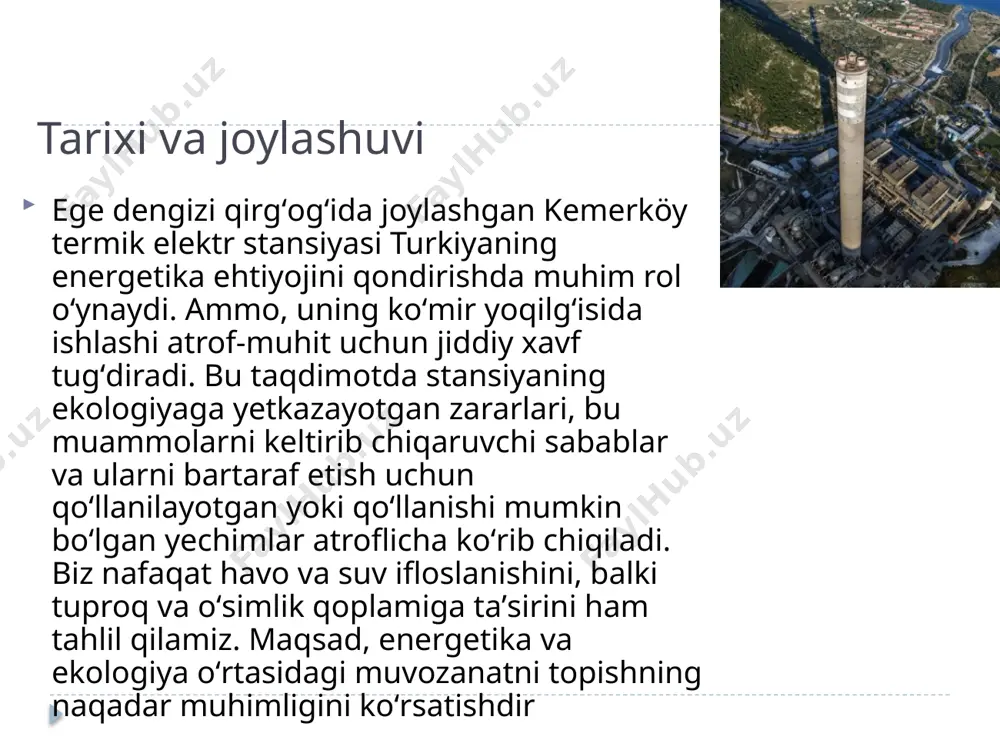 yetkazadi. co2​ning yuqori miqdori global isishga olib keladi. qattiq zarrachalar esa inson sogʻligʻi uchun oʻta xavfli hisoblanadi, ayniqsa nafas olish kasalliklarini keltirib chiqaradi. oltingugurt dioksidi (so₂) muammosi kislotali yomg'irlar sababchisi: oltingugurt dioksidi. kemerköy elektr stansiyasidan ajralib chiqadigan oltingugurt dioksidi (so2​) gazining miqdori mahalliy ekotizim uchun juda xavflidir. atmosferadagi so2​ suv bugʻlari bilan reaksiyaga kirishib, sulfat kislotani hosil qiladi, bu esa kislotali yomgʻirlarga olib keladi. kislotali yomgʻirlar esa oʻrmonlarga, qishloq xoʻjaligi ekinlariga va suv havzalaridagi baliqlarga katta zarar yetkazadi. bundan tashqari, tarixiy binolar va yodgorliklar korroziyasiga sabab boʻladi. bu muammo stansiya atrofidagi hududlarda tuproqning kislotaliligini oshirib, qishloq xoʻjaligi mahsuldorligini pasaytiradi. azot oksidlari (noₓ) muammosi atmosfera ozoniga ta'sir: azot oksidlari. koʻmir yoqish jarayonida hosil boʻladigan azot oksidlari (nox​) havoning ifloslanishiga va atmosfera ozonining hosil boʻlishiga yordam beradi. pastki atmosfera qatlamidagi ozon inson sogʻligʻi uchun zaharli boʻlib, nafas olish tizimi kasalliklarini, masalan, astma xurujlarini keltirib chiqarishi mumkin. uning yuqori konsentratsiyasi oʻsimliklarning oʻsishini sekinlashtiradi …