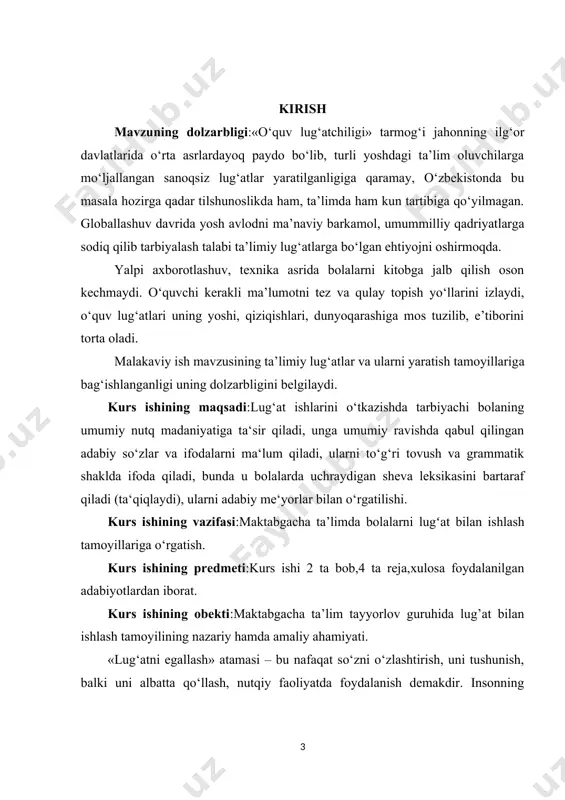 hida lug’at bilan ishlash tamoyilining nazariy hamda amaliy ahamiyati. «lug‘atni egallash» atamasi – bu nafaqat so‘zni o‘zlashtirish, uni tushunish, balki uni albatta qo‘llash, nutqiy faoliyatda foydalanish demakdir. insonning yuqori nutq madaniyati, lug‘atining boyligi haqida u «eshitilgan», insonning jonli nutqini bezab turgan taqdirdagina so‘z yuritish mumkin. lug‘at ishidagi asosiy jihat – bu faqat bolalarga yangi so‘zni tanishtirish emas, balki ularni faol nutqqa kiritishdir. maktabgacha ta‘lim muassasasidagi lug‘at ishi – bu bolalarning faol lug‘atini notanish yoki ular uchun qiyin bo‘lgan so‘zlar bilan reja asosida boyitib borishdan iboratdir. o‘zbek tili lug‘ati to‘xtovsiz tarixiy rivojlanish jarayonida bo‘ladi. undagi o‘zgarishlar eng avvalo insonning ishlab chiqarish faoliyati, jamiyatning rivojlanishi bilan bog‘liqdir. yangi narsalar va hodisalarning paydo bo‘lishi bilan ularni nomlovchi yangi tushunchalar va so‘zlar ham paydo bo‘ladi. bundan tashqari ilgaridan mavjud bo‘lgan ayrim so‘zlar yangilanadi, ularning ma‘nosi o‘zgaradi, ko‘p so‘zlar muomaladan chiqib ketadi. bolalar bilan lug‘at ishlarini o‘tkazishda so‘zning rivojlanuvchi tusga egaligini hisobga olish zarur. o‘zbek …