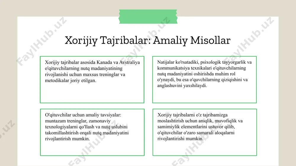 iga va ta'lim tizimining rivojlanishiga xizmat qiladi. foydalanilgan adabiyotlar 1. ismoilov, a. o'qituvchilar nutq madaniyatini rivojlantirish usullari. toshkent davlat universiteti nashriyoti, 2019. 2. sardorov, b. xorijiy tajribalar asosida o'qituvchilar uchun nutq madaniyatini oshirish strategiyalari. o'zbekiston milliy universiteti matbuoti, 2021. 3. qodirov, m. samaradorlik mexanizmlari va ularni ta'lim jarayonida qo'llash. toshkent pedagogika instituti nashriyoti, 2020. 4. yusupov, d. xorijiy tajribalar va ularning o'zbekiston sharoitida joriy qilinishi. o'zbekiston ta'lim va fan akademiyasi, 2022. 5. rahimov, f. o'qituvchilarning nutq madaniyatini oshirishda innovatsion metodlar. o'zbekiston xalq ta'limi jurnali, 2023. e'tiboringiz uchun rahmat! designed by slides carnival image1.png image2.png image3.png image4.png image5.png image23.jpg image17.png image24.jpg image6.jpg image7.png image18.jpg image19.jpg image20.png image21.png image22.png