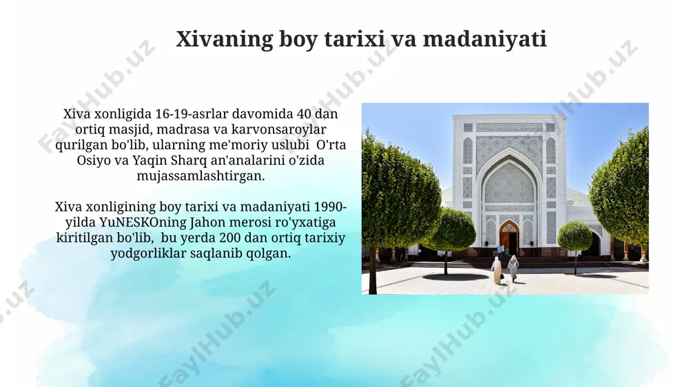 а киритилган бўлиб, уларнинг аксарияти бухоро шаҳрида ва унинг атрофида жойлашган. бухоро эски шаҳрининг кўчалар тармоғи, ўрта асрлардаги шаҳарсозлик анъаналарига асосланган ҳолда, 400 дан ортиқ тарихий бино ва йўлларни ўз ичига олган. samarqandning tarixiy meroslari самарқанд яқинидаги 14-асрда қурилган шоҳи-зинда мажмуасида 11 та мақбара жойлашган бўлиб, уларнинг ҳар бири ўзига хос архитектура услубига эга. самарқанддаги регистон майдонидаги учта мадраса – улуғбек, шердор ва тиллақори мадрасалари 15-17-асрларга мансуб бўлиб, ҳар бири ўзига хос меъморий услуб ва нақшлар билан безатилган. oʻzbek gilamchiligi va kulolchiligi chiroyli naqshlari va oʻziga xos geometrik shakllari bilan ajralib turadigan, 30 dan ortiq turdagi kulolchilik mahsulotlari, qashqadaryo viloyatining koʻplab qishloqlarida ishlab chiqariladi. oʻzbek gilamlarining 200 dan ortiq naqshlari mavjud boʻlib, ularning aksariyati buxoro, xiva va toshkent kabi shaharlardan kelib chiqqan. e'tiboringiz uchun rahmat @taqdimot_robot image2.jpg image3.jpg image4.jpg image5.jpg image6.jpg image7.jpg image8.jpg image9.jpg image10.jpg image11.jpg image12.jpg image13.jpg image14.jpg image15.jpg image16.jpg image17.jpg image18.jpg image1.png