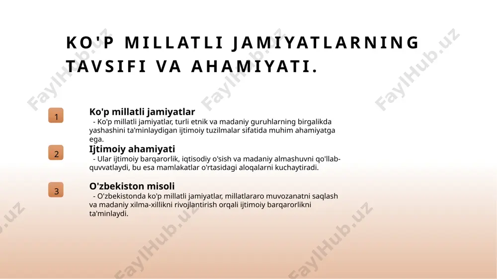 arda tutadi. ta'lim va madaniyat ta'lim tizimi orqali madaniy xilma-xillikni qo'llab-quvvatlash, yosh avlodni turli madaniyatlar bilan tanishtirish va tushunishni oshirishga xizmat qiladi. o'zbekistondagi milliy siyosatning tarixi va rivojlanishi. 1 o'zbekistonning tarixi - o'zbekistonning milliy siyosati mustaqil davlat sifatida 1991-yilda tashkil topdi. mamlakatda ko'p millatli jamiyatni boshqarish jarayoni boshlanadi. 2 milliy siyosatning asoslari - milliy siyosatning asosiy tamoyillari inson huquqlari, tenglik va madaniy xilma-xillikni qo'llab-quvvatlashga qaratilgan. bu tamoyillar ijtimoiy barqarorlikka yordam beradi. 3 rivojlanish bosqichlari - o'zbekistonda milliy siyosat dastlabki bosqichlardan o’tib, 2000-yillarda yangilandi. mamlakatning strategik rejalarida madaniy integratsiya muhim o'rin egalladi. 4 zamonaviy yondashuvlar - hozirgi kunda o'zbekistonda madaniy xilma-xillikni saqlash va rivojlantirish uchun zamonaviy siyosiy yondashuvlar ishlab chiqilmoqda. bu, barqarorlikni ta'minlaydi. milliy siyosat modellari: o'zbekistonda madaniy xilma-xillikni boshqarish. 1 milliy siyosatning ahamiyati o'zbekistonda milliy siyosat, ko'p millatli jamiyatni boshqarish uchun zarur. u madaniyatlararo muvozanatni ta'minlash va ijtimoiy barqarorlikni oshirishga qaratilgan. 2 o'zbekistonning modeli o'zbekistonda milliy siyosat modeli, etnik guruhlar …