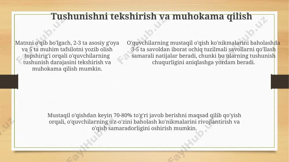 bu metakognitsion jarayonlarni yaxshilashga yordam beradi. hikoya qahramonlarining his-tuyg'ularini tasvirlash uchun 7 ta turli xil emotsional so'zlarni tanlash va ularni 2-3 ta gapda ishlatish orqali so'z boyligini oshirish mumkin. "klaster" texnikasi yordamida asosiy g'oyalarni 3 ta kalit so'z bilan ifodalash, vositalarni va strategiyalarni birlashtirib, mustaqil fikrlashni rivojlantiradi. mustaqil o'qish ko'nikmalarini rivojlantirishning ahamiyati mustaqil o'qish ko'nikmalari 1-4 sinf o'quvchilarining lug'at boyligini 20-30% ga oshirishga, shuningdek, mulohaza yuritish va tahlil qilish qobiliyatlarini rivojlantirishga yordam beradi. o'quvchilarning mustaqil o'qish ko'nikmalarini rivojlantirish, ularning o'qish tezligini 50% ga oshirish, bilimlarini chuqurlashtirish va turli fanlarni o'zlashtirish qobiliyatlarini yaxshilash imkonini beradi. o'quvchilarning mustaqil o'qish ko'nikmalarini rivojlantirish, ularning o'qish tezligini 50% ga oshirish, bilimlarini chuqurlashtirish va turli fanlarni o'zlashtirish qobiliyatlarini yaxshilash imkonini beradi. qiziqarli kitoblarni tanlash va tavsiya qilish boshlang'ich sinf o'quvchilarining yosh xususiyatlarini hisobga olgan holda, 5-7 yoshdagi bolalar uchun rang-barang rasmlar va sodda so'zlar bilan yozilgan kitoblarni tanlash muhimdir. o'quvchilarning qiziqishlarini aniqlash uchun so'rovnomalar yoki suhbatlar …