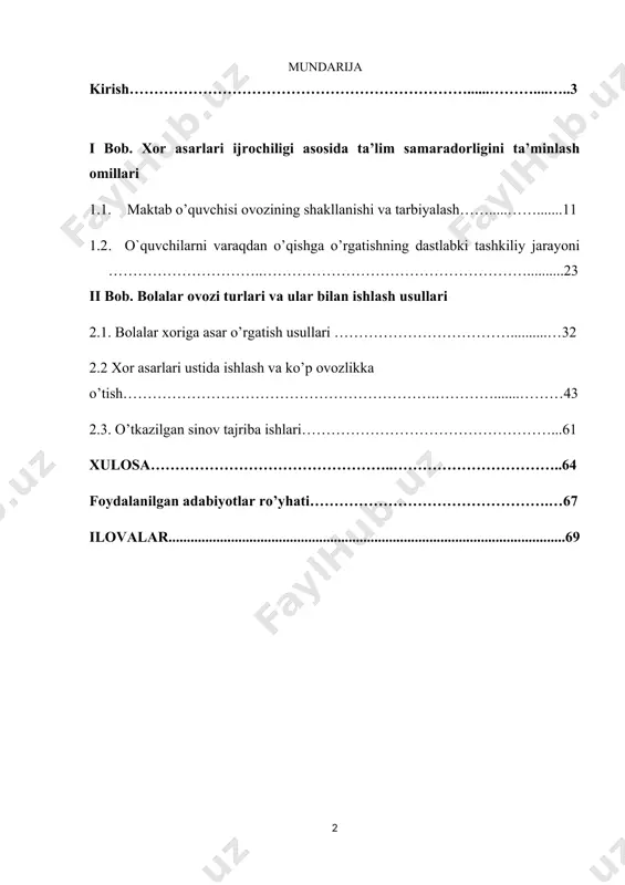 miy o‘rta ta’lim maktablaridagi boshqa o‘quv fanlari qatori musiqa predmetining o‘qitilishi tubdan yangilandi. musiqa madaniyati o‘quv predmeti o‘quvchilarning ma’naviy, badiiy va axloqiy madaniyatini shakllantirishga, milliy g‘urur va vatanparvarlik tarbiyasini amalga oshirishga, ijodiy mahorat, nafosat va badiiy didni o‘stirishga, fikr doirasini kengaytirishga, mustaqillik va tashabbuskorlikni tarbiyalashga xizmat qiladi. barcha o‘quv fanlari qatori musiqiy ta’limda ham dts ning joriy etilishi milliy musiqiy meroslardan to‘laqonli foydalanish imkonini beradi. musiqa ta’limida dts ning yangi mazmuni o‘quvchilarning musiqiy bilim va malakalari bilan birga ularda kuzatuvchanlik, xotirani mustahkamlash, ularda ijodkorlik, mustaqillik, tashabbuskorlik kabi xislatlarni rivojlantirishni ta’minlaydi. o‘zbekiston respublikasida ijtimoiy-iqtisodiy, ma’naviy o‘zgarishlar yuz bermoqda. uzluksiz ta’limni amalga oshirishdagi davlat hujjatlari qabul qilindi va ular asosida ta’lim sohasida islohatlar amalga oshirilmoqda. jamiyat hayotining hozirgi bosqichida ta’lim-tarbiya jarayoni samaradorligiga erishish ustuvor vazifa qilib qo‘yilgan va ushbu jarayonda jamoa bo‘lib kuylashga o‘rgatish zamon talabidir. musiqa madaniyati darslarida jamoa bo‘lib kuylash dars samaradorlini oshirishning asosiy manbailaridan biridir. mavzuning dolzarbligi ham shundadir. …