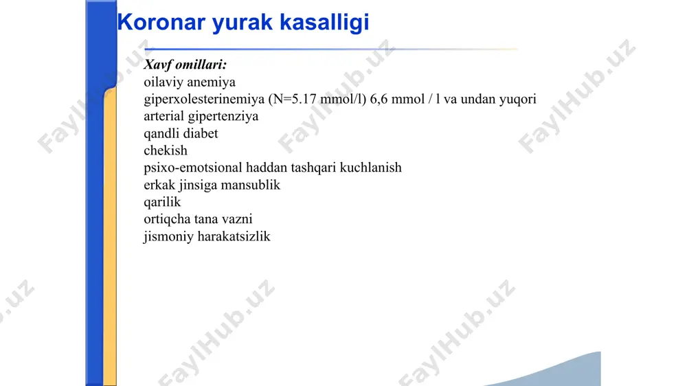 nokardiya tunda uxlab yotganda, asosan, kechasi 3-4 soat ichida paydo bo'ladi, bemor tosh suyagi orqasida kuchli og'riqdan, , o'limdan qo'rqish hissi bilan uyg'onadi, stenokardiya shikoyatlar og'riq sindromi (eng tipik belgilar): sternum orqasida lokalizatsiya qilingan; og'riqning tabiati odatda yonish, siqish, bosishdir; chap qo'l, elka, elka pichog’i, o’mrov, kamdan-kam hollarda chap pastki jagga, epigastral mintaqaga tarqaladi; ko'pincha og'riq jismoniy mashqlar paytida paydo bo'ladi; nitratlarni qabul qilish yoki dam olishdan keyin yo'qoladi; og'riqning davomiyligi bir necha soniyadan maksimal 30 daqiqagacha. og'riq kasallikning boshida jismoniy faoliyat to'xtatilganda, keyinchalik nitratlar (nitrogliserin) qabul qilinganda to'xtaydi. stenokardiya hujum paytida angina pektoris bemorlar, qoida tariqasida, lakonik bo'lib, og'riqning lokalizatsiyasi sternumga bosilgan kaft yoki musht bilan ko'rsatiladi (levin alomati). stenoakardiya tekshirish (huruj paytida): bemorlar, qoida tariqasida, harakatsiz, bir necha daqiqaga to'xtashadi. "afishalar" simptomi yani turgan joyida qotib qolish qo'rqinchli yuz ifodasi, terining oqarishi, rangparligi. ortopnoe. palpatsiya (hurujdan tashqari va huruj paytida): palpatsiya paytida cho’qqi turtkisi kuchi pasaygan uning lokalizatsiyasi …