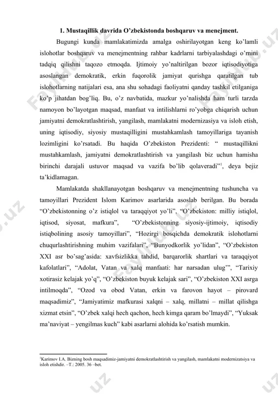 t – pirovard maqsadimiz”, “jamiyatimiz mafkurasi xalqni – xalq, millatni – millat qilishga xizmat etsin”, “o’zbek xalqi hech qachon, hech kimga qaram bo’lmaydi”, “yuksak ma’naviyat – yengilmas kuch” kabi asarlarni alohida ko’rsatish mumkin. birinchidan, bu – iqtisodiyotni boshqarishda davlat rolining keskin qisqarishi, davlat tuzilmalarining xo’jalik yurituvchi sub’ektlari faoliyatiga asossiz aralashuviga chek qo’yishdir. ikkinchidan, bu – respublika darajasidagi vakolatlarning bir qismini mahalliy boshqaruv organlariga o’tkazilishi demakdir. uchinchidan, bu – boshqaruv tizimini optimallashtirish, boshqaruvga oid vazifalarning takrorlanishiga barham berish, korxonalar faoliyatini asossiz nazorat qilinishiga chek qo’yish, bozor mexanizmlari hamda shaxsiy tashabbuskorlik va xususiy tadbirkorlik rivojiga halal beruvchi ma’muriy to’siqlarni bartaraf etish, taqsimlash tizimini tugatish jarayonini yakunlashdir. to’rtinchidan, bu – davlat va xo’jalik boshqaruvi organlari xodimlari sonini optimal darajagacha qisqartirilishi demakdir. beshinchidan, bu – axborot va kommunikasiya texnologiyalarini joriy etish asosida davlat boshqaruvi tizimini bosqichma-bosqich zamonaviylashtirish. shu bilan birgalikda, aksionerlik jamiyatlarini tashkil etish, ularning faoliyati samaradorligini oshirish va korxonaning o’z aksionerlari bilan iqtisodiy …