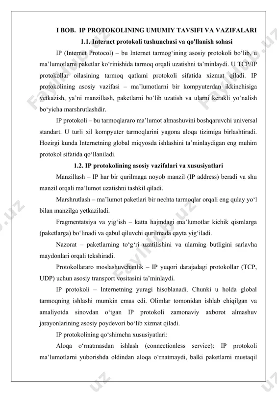 atsiya qilganda ularni qayta yig‘ish uchun ishlatiladi. fragment bayroqlari (flags) va fragment ofseti (fragment offset) – paket bo‘laklarga ajratilganda ularning tartibini belgilaydi. ttl (time to live) – paketning tarmoqda qancha “yashashini” bildiradi. protokol (protocol) – yuqori qatlam protokolini (masalan, tcp, udp, icmp) ko‘rsatadi. nazorat yig‘indisi (header checksum) – sarlavhaning xatolarsiz uzatilishini tekshiradi. manba manzili (source address) – paket yuborilgan qurilmaning ip manzili. manzil manzili (destination address) – paket borishi kerak bo‘lgan qurilmaning ip manzili. qo‘shimcha maydonlar (options, padding) – xavfsizlik, marshrutlash kabi maxsus maqsadlar uchun qo‘shimcha maydonlar. 2.2. ip paketining sarlavha qismi va foydali yuk qismi sarlavha qismi paketni boshqaradi, uning marshrutini aniqlaydi, to‘g‘ri yetib borishini ta’minlaydi. foydali yuk qismi esa foydalanuvchi ma’lumotini tashiydi (masalan, veb-sahifa, elektron pochta, fayl). shunday qilib, ip sarlavhasi – paketning texnik “pasporti” bo‘lib, har bir paketni tarmoqlararo uzatishda to‘g‘ri marshrutlash va qayta ishlash imkonini beradi. ip sarlavhasi — bu paket boshqaruv qismi bo‘lib, tarmoq orqali …