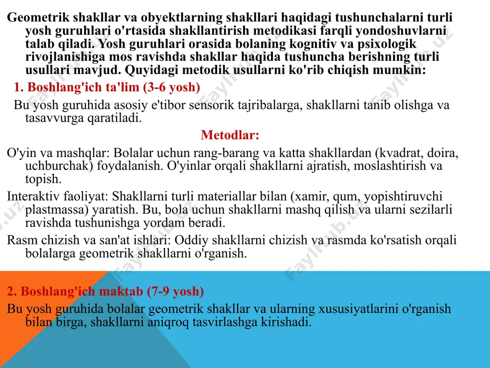 chburchaklarning pifagor teoremasi). kompyuter dasturlari: geometrik shakllarni kompyuter yordamida chizish, simulyatsiya qilish va manipulyatsiya qilish (autocad yoki geogebra kabi dasturlar yordamida). eksperimentlar va tadqiqotlar: shakllarning simmetriyasi, o'lchamlari va o'zaro bog'liqliklarini tushunishga yordam beradigan amaliy faoliyatlar. 4. kattalar (15+ yosh) bu yosh guruhida shakllar va geometrik tushunchalar murakkab matematik kontseptsiyalarni o'z ichiga oladi. metodlar: abstrakt fikrlash va isbotlar: geometrik teoremalar va ularning isbotlarini o'rganish, shakllarning xususiyatlarini mantiqiy tarzda tahlil qilish. matematik modellashtirish: geometrik shakllarni dasturlar yordamida tahlil qilish va muammolarni hal qilish (masalan, optimal shakllar va ularning ilovalarini o'rganish). jadval va grafiklar: shakllarni matematik analiz va grafik yordamida chuqurroq o'rganish, masalan, geometriya va trigonometrik hisoblashlar. har bir yosh guruhida shakllarni o'rganish jarayoni o'ziga xos va bolaning psixologik rivojlanishiga mos bo'lishi kerak. bu metodlar turli usullar va vositalar orqali bolalarga geometrik shakllar haqida tushuncha berishda samarali bo'ladi. geometrik shakllar va obyektlarning shakllari haqida g'oyalarni shakllantirish metodik usullari davomida har bir yosh guruhida …