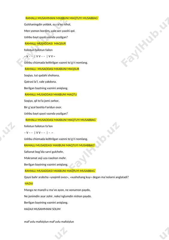 ko‘nglumdin nishon paydo. berilgan baytning vaznini aniqlang. hazaji musammani solim maf’uvlu mafoiylun maf’uvlu mafoiylun – – v / v – – –/ – – v / v – – – ushbu chizmada keltirilgan vaznni to‘g‘ri nomlang. hazaji musammani axrab to tushta yuzin ko‘rdum, bo‘lmish manga kom uyqu, lеkin g‘amidin bo‘lmish ko‘zumga harom uyqu. berilgan baytning vaznini aniqlang. hazaji musammani axrab may birla yuzung tim-tim ahmarmu ekin oyo yo shu’la aro bir-bir ahgarmu ekin oyo? berilgan baytning vaznini aniqlang. hazaji musammani axrab sho‘x ikki g‘izolingni noz uyqusidin uyg‘at, to uyqulari kеtsun, gulzor ichida o‘ynat. berilgan baytning vaznini aniqlang. hazaji musammani axrab maf’uvlu mafoiylun maf’uvlu mafoiylon – – v / v – – –/ – – v / v – – ~ ushbu chizmada keltirilgan vaznni to‘g‘ri nomlang. hazaji musammani axrab musabbag` bog‘ ichra sanga sochti gul oq-u qizil yafroq, shah boshig‘a andoqkim el oq-u qizil yormoq. berilgan baytning vaznini aniqlang. hazaji …