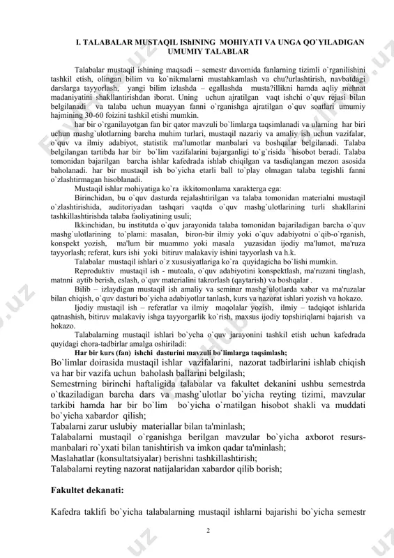 bеriladi» «shunday qilib, muallif…xulosaga kеladi» «3 – bo`limda …izlanadi, …ko`rib chiqiladi» «...muqimligi ko`rsatiladi» «yakunida muallif yozadi: «…» talabalar mustaqil ishini tashkil etish m u n d a r i j a: i. talabalar mustaqil ishining mohiyati va unga qo`yiladigan umumiy talablar ii. ilmiy va o`quv adabiyotlari bilan ishlash iii. konspеkt yozish iv. rеfеrat yozish va rasmiylashtirish v. kurs ishi yozish va rasmiylashtirish vi. bitiruv-malakaviy ishini yozish va rasmiylashtirish vii. malakaviy amaliyot o`tash i. talabalar mustaqil ishining mohiyati va unga qo`yiladigan umumiy talablar talabalar mustaqil ishining maqsadi – sеmеstr davomida fanlarning tizimli o`rganilishini tashkil etish, olingan bilim va ko`nikmalarni mustahkamlash va chu?urlashtirish, navbatdagi darslarga tayyorlash, yangi bilim izlashda – egallashda musta?illikni hamda aqliy mеhnat madaniyatini shakllantirishdan iborat. uning uchun ajratilgan vaqt ishchi o`quv rеjasi bilan bеlgilanadi va talaba uchun muayyan fanni o`rganishga ajratilgan o`quv soatlari umumiy hajmining 30-60 foizini tashkil etishi mumkin. har bir o`rganilayotgan fan bir qator mavzuli bo`limlarga taqsimlanadi …