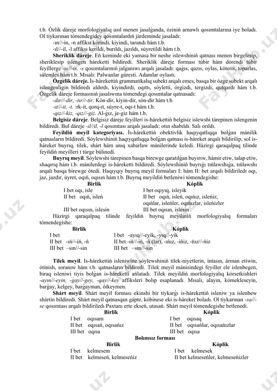 haqqında sóylegendey juwapkerli is», degen edi ózbekistan qaharmanı, xalıq jazıwshısı t.qayıpbergenov. usı aytılǵanınday, biz bul ullı filosof haqqında qansha izlensek te, onıń danalıq penen jazılǵan shıǵarmaları tuwralı pikir júrgizsek te az. onıń dóretpelerin keleshek áwladlarǵa, hátteki, shet elli turistlerge keńnen úgit-násiyatlaw, esteligin máńgilestiriwdey qolımızdan keletuǵın sawaplı háreketlerdi islew biziń hár birimiz ushın qarız hám parız bolıp tabıladı. grammatika: feyil sóz shaqabı tayanısh sózler- feyil, feyildiń dáreje kategoriyaları, feyildiń meyil kategoriyası, feyildiń máhál kategoriyası, bolımlı, bolımsız formaları. adam yamasa basqa zatlardıń, tábiyat qubılıslarınıń halatların bildiretuǵın sóz shaqabı. feyil basqa sóz shaqaplarınan mánilik jaqtan háreketti, forması boyınsha dáreje, túr, meyil, máhál, bet san kategoriyalarına, bolımlı hám bolımsızlıq formalarına iye bolıwı menen ajıralıp turadı. feyiller tiykarınan atlıqlarǵa baylanıslı qollanıladı. feyildiń dáreje kategoriyası. feyiller tiykarǵı leksikalıq mánisi menen birge, bir neshe leksika-grammatikalıq mánilerge de iye boladı. onıń dáreje kategoriyasına tán mániler túbir menen dórendi feyiller arqalı bildiriledi. feyil dárejeleri mánilik jaqtan beske bólinedı túp …