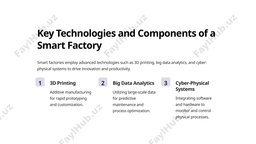 3 technology integration deploying iot, automation, and advanced analytics systems. 9 conclusion and key takeaways smart factories represent the future of manufacturing, offering immense potential for optimization, innovation, and competitiveness in the global market. optimization efficient resource utilization and waste reduction. innovation continuous improvement through technology integration and data-driven insights. competitiveness staying ahead with agile production and customer-centric solutions. 10 image1.png image2.png image3.png image4.png image5.png image6.png image7.png image8.png image9.png image10.png image11.png image12.png image13.png image14.png image15.png