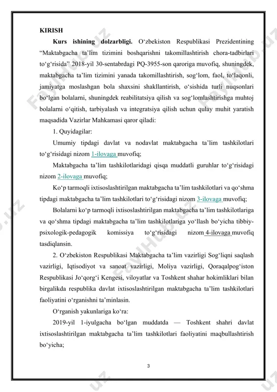 irliklarini qayta ko‘rib chiqsinlar. 5. o‘zbekiston respublikasi vazirlar mahkamasi huzuridagi ta’lim sifatini nazorat qilish davlat inspeksiyasi, maktabgacha ta’lim vazirligi va sog‘liqni saqlash vazirligi uch oy muddatda ushbu qarordan kelib chiqib nodavlat ta’lim xizmatlarini ko‘rsatish sohasidagi faoliyatni litsenziyalash to‘g‘risidagi nizomga o‘zgartish va qo‘shimchalar kiritishni nazarda tutuvchi hukumat qarori loyihasini ishlab chiqsin va vazirlar mahkamasiga kiritsin. (6-band o‘zbekiston respublikasi vazirlar mahkamasining 2021-yil 20-maydagi 320-sonli qaroriga asosan o‘z kuchini yo‘qotgan — qonunchilik ma’lumotlari milliy bazasi, 21.05.2021-y., 09/21/320/0482-son) 7. o‘zbekiston respublikasi maktabgacha ta’lim vazirligi manfaatdor vazirliklar va idoralar bilan birgalikda bir oy muddatda ular qabul qilgan normativ-huquqiy hujjatlarni ushbu qarorga muvofiqlashtirsin. 8. ushbu qarorning bajarilishini nazorat qilish o‘zbekiston respublikasi bosh vazirining ijtimoiy rivojlantirish masalalari bo‘yicha o‘rinbosari a.a. abduxakimov, o‘zbekiston respublikasi maktabgacha ta’lim vaziri a.v. shin va o‘zbekiston respublikasi sog‘liqni saqlash vaziri a.k. shadmanov zimmasiga yuklansin. o‘zbekiston respublikasining bosh vaziri a. aripov kecha: maktabgacha ta’lim sohasida misli ko‘rilmagan o‘zgarishlarni bugun har bir yurtdoshimiz sezib, kuzatib …