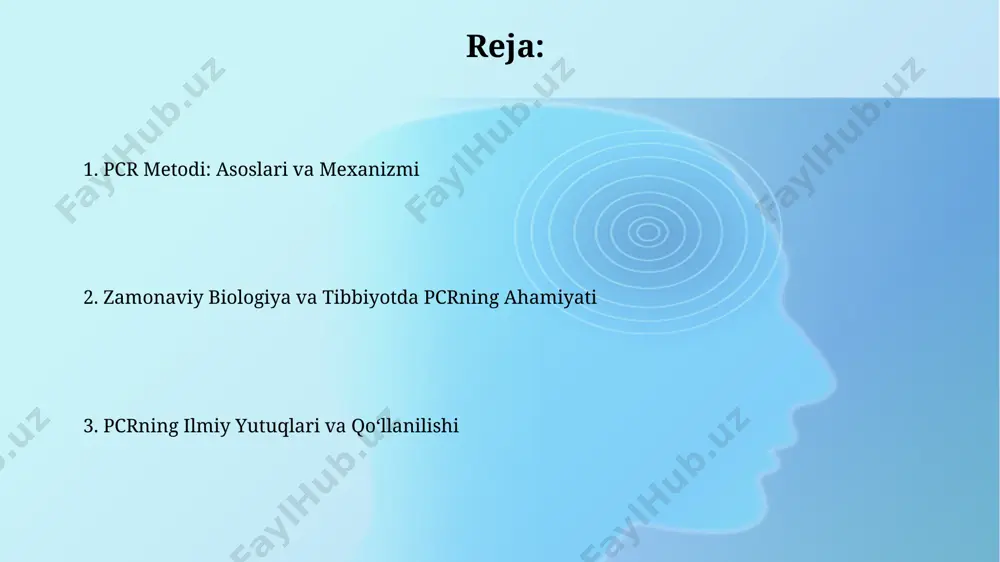 , xromosomalarning replikatsiya choralarida amalga oshiriladi. pcr reaktsiyasi komponentlari primerlarning optimal konsentratsiyasi odatda 0.1-1 µm oralig'ida bo'lib, ularning uzunligi 18-25 nukleotidni tashkil etadi va ularning dizayni amerika qo'shma shtatlaridagi kompaniyalar tomonidan ishlab chiqilgan dasturlar yordamida amalga oshiriladi. pcr reaksiyasi uchun zarur bo'lgan komponentlar issiqlikka chidamli dnk polimeraza (masalan, taq polimeraza, thermus aquaticus bakteriyalaridan olingan), maqsadli dnk namunasi va ko'paytiriladigan dnk qismining ikkala uchiga mos keladigan ikkita primerni o'z ichiga oladi. pcrning qo'llanilishi: tibbiyotda genetik kasalliklar, masalan, kist fibrozis (1000 chaqaloqdan 1 tasida uchraydi) va orqa miya muskullarining atrofiyasi kabi kasalliklarni diagnostikasi uchun pcr usuli aqsh va yevropa mamlakatlarida keng qo‘llanilmoqda. pcr texnologiyasi oiv infektsiyasini aniqlashda keng qo‘llaniladi, dunyo bo‘ylab 30 million dan ortiq odamning oiv holatini aniqlashga yordam beradi va davolashni o‘z vaqtida boshlash imkonini beradi. pcrning qo'llanilishi: kriminalistika va sud ekspertizasida aqshning florida shtatida sodir bo'lgan bir qator qotillik ishlarida pcr orqali olingan dnk dalillari 200 dan ortiq shubhali …