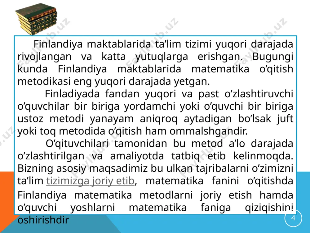 lik o’quv turlariga jalb qilinadi. yaponiyada bu muassasalarning 59,9% xususiydir, 39,8 % tuman kengashlariga qarashli, 0,3% davlatga qarashlidir. 2.majburiy ta’lim (6-15 yosh) 6 yil boshlang’ich maktabda, 3 yil kichik o’rta maktab kursini o’taydi. bu 9 yillik ta’lim majburiy bo’lib barcha bolalar bepul o’qitiladi va tekin darsliklardan foydalanadi, ota-onalar o’z bolalarini xususiy maktabga berish huquqiga ham egalar. xususiy maktablarning o’ziga xos shart sharoitlari va talablari mavjud. . yuqori, o’rta maktab sirtqi, kechki, kunduzgi bo’limlari mavjud. o’qish muddati 3 yil, 95% o’quvchilar kunduzgi maktabda o’qishadi. unda quyidagi yo’nalishlar bo’yicha bilimlar beriladi. 1. umumiy ta’lim fanlari; 5. qishloq xo’jaligi; 2. texnik bilimlar; 6. chorvachillik; 3. tijorat 7. baliqchilik; 4. mahalliy sanoat; 8. kemasozlik va h.k. 15 yaponiyaliklar to’g’ri va halol turmish tarzini qadyrlaydilar. birinchi sinfdan 9-sinfgacha axloq tarbiyasi maktab faoliyatining zaruriy shartidir yaponiyada maktablarda o’qish 1-apreldan boshlanib, kelasi yilning 31-martida nihoyasiga yetadi. maktablar 3 simestrga bo’linadi: -aprel-iyun; -sentyabr-dekabr; -yanvar-mart. 16 17 germaniya ta’lim …