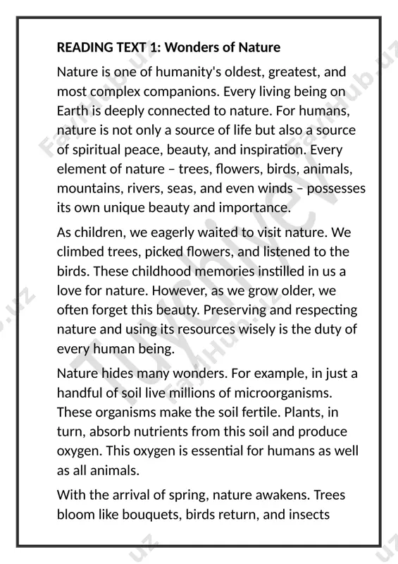 re is one of the most urgent issues of our modern world. global warming, climate change, deforestation, drying rivers, and the extinction of animal and plant species all threaten the future of humanity. therefore, environmental education and protecting the environment must always be a priority. ecology classes are taught in schools. children must learn to treat nature carefully from a young age. everyone can contribute to protecting nature by planting trees, properly disposing of waste, and caring for their surroundings. protecting a green, clean, and healthy environment for future generations is one of the main responsibilities of today. and everyone can play a role in this task. vocabulary word meaning wonder something amazing or miraculous spiritual peace inner calmness fertile productive, rich in nutrients spring the first season of the year colorful having many different colors global warming the earth's temperature rising ecology the science of relationships between nature and …