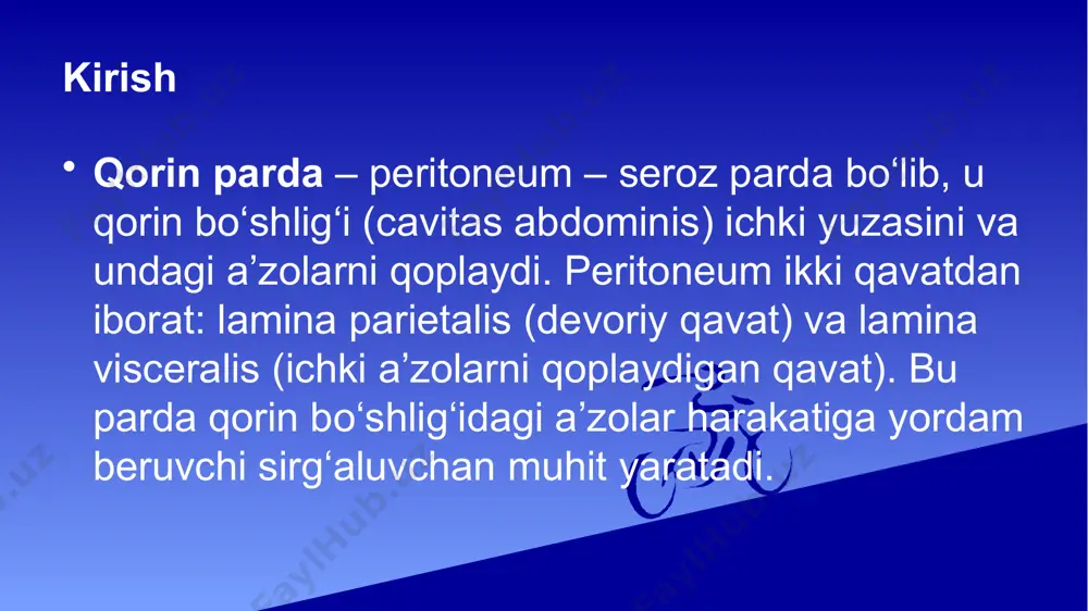majus – katta mentar parda omentum minus – kichik mentar parda ligamenta peritonealia – bog‘lamlar mesocolon – yo‘g‘on ichaklar uchun to‘xtatuvchi tuzilma peritoneumning a’zolarga bo‘lgan munosabati peritoneum har bir a’zoga turlicha tarzda joylashadi. masalan: gaster (me’da) – intraperitoneal hepar (jigar) – intraperitoneal pancreas – retroperitoneal colon transversum – intraperitoneal bu joylashuvga ko‘ra a’zolarning harakat doirasi, qon ta’minoti va jarrohlik yondashuvi farqlanadi. klinik ahamiyati peritoneum yallig‘lanishi – peritonitis – og‘ir klinik holat hisoblanadi. shuningdek, ascites (peritoneal suyuqlik to‘planishi), shikastlar, operatsiyalar vaqtida peritoneum holati muhim ahamiyatga ega. intraperitoneal va retroperitoneal joylashgan a’zolar patologiyalarida diagnostika va davolash yondashuvi farqlanadi. shu sababli peritoneum anatomiyasi amaliy tibbiyotda beqiyos rol o‘ynaydi. image1.jpeg image2.jpeg image3.jpeg image4.jpeg image5.jpeg /docprops/thumbnail.jpeg