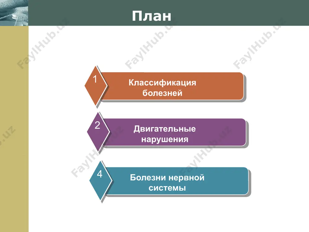 тела в покое и при ходьбе проведение пальце-носовой пробы выполнение коленно- пяточной пробы неустойчивость больного в позе ромберга (статическая атаксия) след больного с атактической походкой www.themegallery.com company logo диагностика двигательных нарушений исследование рефлексов исследование рефлекса сухожилия двуглавой мышцы плеча исследование рефлекса сухожилия трехглавой мышцы плеча исследование пястно- лучевого рефлекса исследование коленного рефлекса исследование ахиллова рефлекса www.themegallery.com company logo диагностика нарушений мозга трансиллюминация черепа: а – здорового ребенка; б – ребенка при гидроцефалии. www.themegallery.com company logo диагностика нарушений мозга эхо-энцефалограмма www.themegallery.com company logo диагностика нарушений мозга измерение давления спинномозговой жидкости при поясничном проколе www.themegallery.com company logo двигательные нарушения 1 – птоз – опущение верхнего века; 2 – расходящееся косоглазие; 3 – мидриаз (расширение) правого зрачка; 4 – сходящееся косоглазие правого глаза; 5 – сходящееся косоглазие при взгляде вниз; 6 – миоз (сужение) левого зрачка. симптомы поражения глазодвигательных нервов периферический паралич мимических мышц www.themegallery.com company logo двигательные нарушения поражения паллидарной системы характерная …
