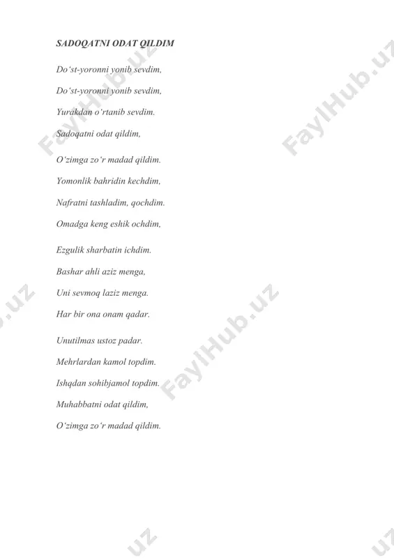 toshi, iloyo tosh bo‘lsin qizingning boshi. manguga tosh qotsin tushgan joyida, palak otib, gul unsin qadam-poyida. qizing hayotingda jondan kuyunchak, tog‘dan-da qudratli tayanch-suyanchiq. bag‘ringdan chiqqanda ko‘ngling buzilib, jonginang ketganday bo‘lar uzilib. dilbanding mehrini sog‘ingan damlar, boshing osmondadir, desa odamlar — koshonada baxti halinchak ekan. peshonasi kulgan kelinchak ekan. sadoqatni odat qildim do‘st-yoronni yonib sevdim, do‘st-yoronni yonib sevdim, yurakdan o‘rtanib sevdim. sadoqatni odat qildim, o‘zimga zo‘r madad qildim. yomonlik bahridin kechdim, nafratni tashladim, qochdim. omadga keng eshik ochdim, ezgulik sharbatin ichdim. bashar ahli aziz menga, uni sevmoq laziz menga. har bir ona onam qadar. unutilmas ustoz padar. mehrlardan kamol topdim. ishqdan sohibjamol topdim. muhabbatni odat qildim, o‘zimga zo‘r madad qildim. she’riyat — ilohiy kalom javhari, kamolotda tanho, hikmatda tanho. adabiy muzaffar haqning sarvari, hukmi zo‘r, yengilmas, qudratda tanho. halol lafz allohdan shoirga qismat, umr nasibasi goh lazzat, goh tig‘… hech kimda uchramas bu kabi xislat, kuychining hayoti — lovullagan cho‘g‘. toshlarning …