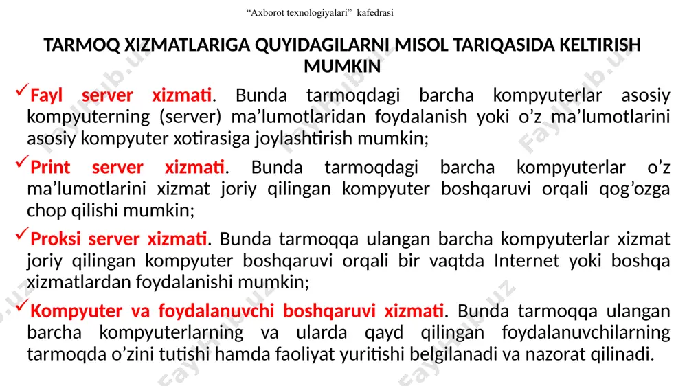 ta aloqa chizig’iga parallel bog’lanadi. bunday shinalarni boshqarish ham alohida, ham markazlashgan bo’lishi mumkin. markazlashgan boshqaruvda tarmoqqa maxsus kompyuter-server ulanadi, uning vazifasi tarmoqda axborotni uzatishni boshqarishdir. alohida boshqaruvda hamma kompyuterlar bir xil maqomga ega, ular mustaqil ma’lumotlarni uzatish imkoniyatiga ega. bu hol shinali topologiya bilan lhtning tezkor harakatini tahminlaydi. tarmoqni kuchaytirish va konfiguratsiyalash, shuningdek turli tizimlarga moslashtirish oson. shinali topologiya tarmog’i alohida uzellarning buzilish ehtimolligiga chidamli. ushbu turdagi topologiya tarmog’i hozirgi kunda joriy etilgan. shuni tahkidlash lozimki, ularning ko’lami kichkina va bir tarmoq doirasida turli xildagi kabeldan foydalanish imkonini beradi. “axborot texnologiyalari” kafedrasi yulduzsimon topologiyaga ega tarmoqlar markaziy tugunga ega (kommutator yoki kontsentrator). mazkur markaziy tugunga barcha qolgan kompyuterlar ulanadi. dastlab uzatilgan xabar ana shu qurilmaga kelib tushadi, so’ng boshqa kompyuterlarga uzatiladi. yulduzsimon topologiya lht uzellarining bir-biri bilan o’zaro ta’sirini osonlashtiradi. ayni paytda lhtning yulduzsimon topologiya bilan ishlash qobiliyati markaziy uzelga bog’liq. mavjud hisoblash tarmoqlarida nisbatan murakkab topologiyadan foydalanilishi mumkin. …