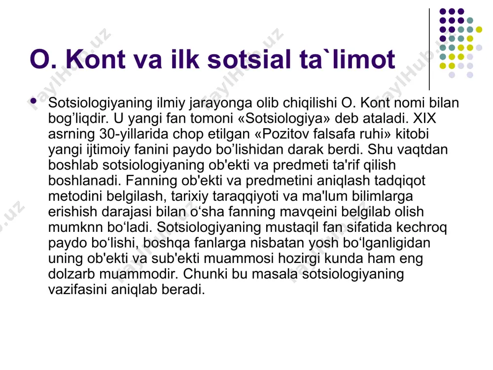 yotining turli sohalaridagi iqtisodiy, siyosiy, mafkuraviy, ijtimoiy faoliyatlari jamiyat sistemasining tabiiy-tarixiy xarakterini belgilashda muhim omil hisoblanadi. jamiyat har bir sohasi ishlab chiqarish taraqqiyotida ma'lum bir funksiyalarni bajaradi: iqtisodiy munosabatlar—moddiy ishlab chiqarish funksiyasini, ijtimoiy munosabatlar—ijtimoiylashuvini (sotsializatsiya), siyosiy munosabatlar — ijtimoiy boshqaruvni (elementlar nazorati) mafkuraviy munosabatlar — ma'naviy ishlab chiqarish funksiyasi va boshqlar. o. kont fikri sotsial oila birlik sifatida namoyon bo‘ladi. chunki uning taraqqiyoti sotsial bosqichlarning asosini qayta tiklaydi. sotsiologiyaning ob'ekti shu asosda tushuntiriladi va uning predmeti shunga muvofiq talqin qilinadi. bu esa garmoniya tashkil qilish qonuniyatlari va ijtimoiy taraqqiyot evolyutsiyasidir. boshqacha qilib aytganda u jamiyatni boshqaruvchi tafakkur qonuniyatlari, ratsional vositalardir. o. kontni fikricha ob'ekt va predmet qarama-qarshilikdan iboratdir. uningcha sotsial reallikning tabiiyligi aqliy evolyutsiyaning natijasi sifatida namoyon bo’ladi, demak, ob'ektni naturalistik tushunish, predmetni sub'ektiv-idealistik talqin qilish asosida qarama-qarshilik yuz beradi. sotsial jarayon e. dyurkgeym (fransuz sotsiologi) sotsiologiyani biologik va psixologik tomonlardan farq, qiladigan o‘ziga hos tomonini topishga harakat qiladi. «dastavval …