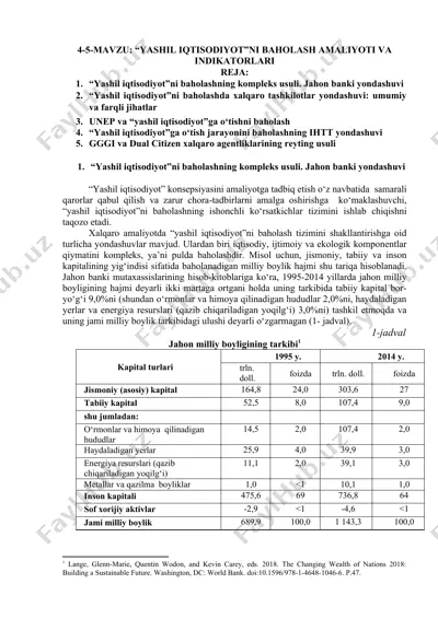 "yashil iqtisodiyot"ni baholash amaliyoti va indikatorlari — DOCX