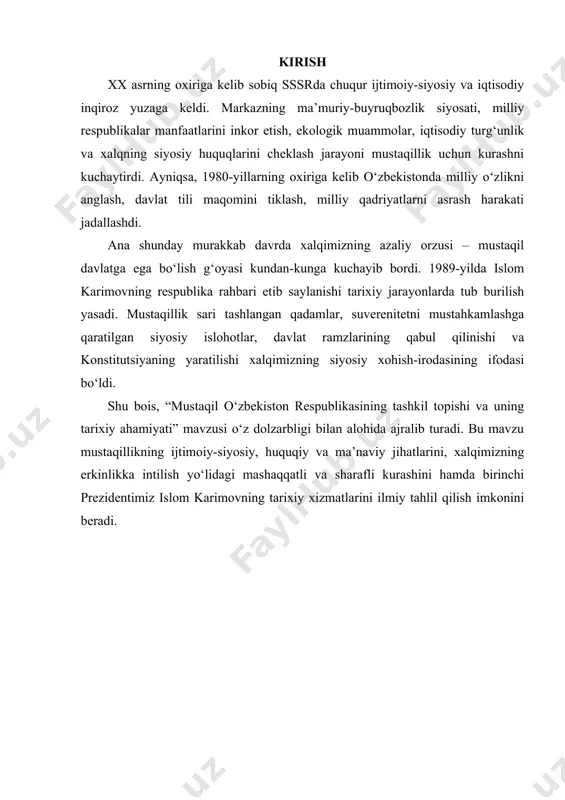 80-yillarning boshlarida sovet siyosiy tizimi, xo’jalik yuritish usuli o’zining rivojlanish imkoniyatlarini batamom tugatdi. ma’muriy-siyosiy biqiqlik kuchaydi, jamiyat a’zolari mehnat intizomi pasaydi, loqaydlik, befarqlik kuchaydi. 80-yillar o’rtalarida sovet jamiyatida ‘‘qayta qurish” boshlandi. qayta qurish haqida m. s. gorbachev kpss mk ning aprel (1985yil) plenumida taklif kiritdi. unda mahsulot ishlab chiqarish uchun 2 marta ko’p tabiiy resurslar, energiya, inson mehnati sarf etilishi, temir, po’lat, stanoklar ishlab chiqarish bo’yicha dunyoda 1-o’rinni egallashiga qaramasdan mamlakatda raqobatbardosh mahsulotlar ishlab chiqarishning yo’lga qo’yilmaganligi qayd etildi. 80-yillarning o’rtalarida sssrning ijtimoiy-siyosiy, iqtisodiy, ma’naviy hayotida inqirozli vaziyatning yanada keskinlashuvi ro’y bera boshladi. qayta qurish konsepsiyasi cheklangan bo’lib, u sssr taraqqiyotini ta’minlay olmas edi. qayta qurish yillarida o’zbekistonda ijtimoiy-siyosiy hayot yomonlashdi. respublikada milliy urf-odatlar, an’analar, qadriyatlar toptaldi, buning oqibatida xalq orasida loqaydlik, ishonchsizlik va norozilik kuchaydi. farg’ona fojeasi yuz berdi. milliy o’zlikni anglash boshlandi. o’zbek tiliga davlat tili maqomini berilishi, paxta yakkahokimligini tugatilishi, ekologik holatni sog’lomlashtirilishi o’zbekistonda dolzarb masala sifatida …