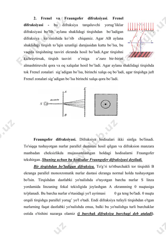 masi 0 ga teng bo'ladi. 0 nuqta orqali tirqishga parallel yorug’ yo'l o'tadi. endi difraksiya tufayli tirqishdan o'tgan nurlarning faqat dastlabki yo'nalishda emas, balki bu yo'nalishga turli burchaklar ostida o'tishini nazarga olamiz (j burchak difraksiya burchagi deb ataladi). tirqishdan shunday j = j1 burchak ostida difraksiyalanuvchi nurlar dastasini ko'raylikki, dastaning chekka nurlari orasidagi yo'l ayirmasi dl yorug’lik to'lqinining uzunligiga teng bo'lsin: dl = 2j /2 bunda butun dastani frenel zonalari deb ataluvchi shunday i va ii zonalarga ajratish mumkin, bu zonalar uchun i zonaning har bir nuri bilan ii zona mos nurining yo'l ayirmasi l/2 ga teng bo'ladi. linza yordamida 01 nuqtadan o'tgan to’g’ri chiziqda to'plangan bu nurlar interferensiyalanadi va o'zaro so'nishadi. natijada 01 orqali qorong’i yo'l - difraksiya minimumi o'tadi (bu qol 01 ga simmetrik bo'lgan 0´1 da ham ro'y beradi). j = j2 burchak ostida difraksiyalanuvchi nurlar dastasinining chekka nurlar orasidagi dl yo'l ayirmasi 3l/2 ga teng bo'lsin. …