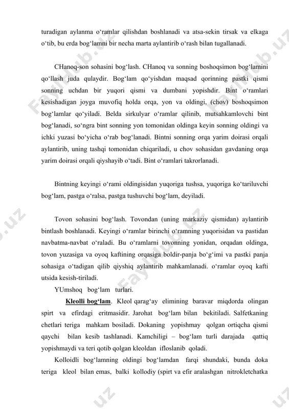 iy (spirt va efir aralashgan nitrokletchatka eritmasi) bilan yopishtiriladi. bog‘lam qo‘yish texnikasi: bog‘lamga salfetka yopiladi va salfetka chetlariga kollodiy surtiladi. kollodiy qotgandan keyin salfetkaning ortiqcha qismi qirqib tashlanadi. kollodiyni shpatel bilan surtish tavsiya etiladi. bunday bog‘lam 7-8 kungacha tushib ketmaydi. bog‘lamning qayishqoqligi kamligi va terini ta’sirlashi uning kamchiligidir. xuddi shu maqsadda rezina elim (efir va benzin aralashgan rezina eritmasi), bf-6 elimidan foydalanish mumkin. ro‘molli bog‘lamlar. bu maqsad uchun uchburchak shaklidagi birorta bog‘lov materiali (doka, surp, bo‘z va h.k) parchasi ishlatiladi. bunday bog‘lamning eng uzun tomoni ro‘mol (kosinka) ning asosi, uning ro‘parasidagi burchak- tepasi, qolgan ikkita burchagi-uchlari deyiladi. ro‘mol ko‘pincha qo‘l yoki o‘mrov suyagi shikaslanganda qo‘lni osib qo‘yish uchun qo‘llaniladi (1-rasm,a,b,v,g). uning o‘rtasi to‘g‘ri burchak hosil qilib bukilgan qismi bilakka qo‘yiladi, tepasi tirsakka yo‘naltiriladi, uchlari esa bo‘yinga bog‘lanadi. ro‘molning tepasi tirsak atrofida orqadan oldinga tomon bukib tekislanadi va tirsakning old tomonidan bog‘lamga qadab qo‘yiladi. ko‘krak bezini ro‘mol bilan bog‘lashda (2-rasm, a) …