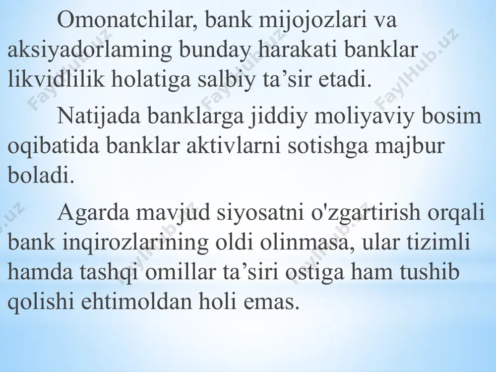 va nazorat organlari bank moliyaviy holatini baholashda noaniqliklarga duch keladi. 1980 yillarda shvetsiyada kredit bozorini liberalizatsiya qilish natijasida kredit spekulyatsiyasi va moliyaviy bozorda narxlaming asossiz oshishi jiddiy bank inqiroziga olib kelgan. bank inqirozlarining quyidagi turlari mavjud: bank inqirozining birinchi turini byudjet xarajatlarining miqdoridan qat’iy nazar mikroiqtisodiy darajadagi inqiroz deyish mumkin. bunday holatda cheklangan miqdordagi banklarning bankrot bolishi butun moliyaviy tizimga keskin ta’sir ko'rsatmaydi hamda yirik miqyosdagi makroiqtisodiy pasayish kuzatilmaydi. bunga misol sifatida aqsh (1984-1991 y.), shvetsiya (1990-1993y.), finlandiya (1991-1994 y.) va fransiya(1991-1998y.)dagi bank inqirozlarini keltirish mumkin. bank inqirozining ikkinchi turini ota salbiy oqibatlarga olib keluvchi makroiqtisodiy darajadagi inqiroz deyish mumkin. misol uchun, chilida (1981-1984 yy.) yuz bergan bank inqirozi yalmning 13 % pasayishiga olib keldi. bank sektorining aksariyat qismi milliylashtirilib, hanuzga qadar davlat xarajatlari tola kompensatsiya qilinmagan. mazkur turdagi inqirozlarni bartaraf etish uchun sarflanadigan mablaglar yalmning 15-20%ini tashkil etishi mumkin. bank inqirozining uchinchi turi moliya-byudjet tizimining nobarqarorligi, yuqori inflyatsiya va …
