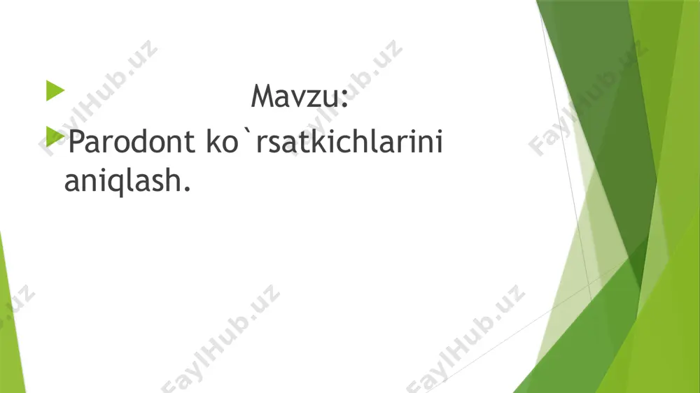 n havo so`ruvchi rezinankoptokchalar uchiga diametri 6-7 mm bo`lgan shisha naychalar o`rnatilgan asboblardan foydalanamiz.xavosi so`rilgan milk shilliq pardasi sathida ma`lum vaqtdan keyin gematoma hosil bo`ladi. odatda olingan kurak tishlar atrofida milk shilliq pardasida gematoma 50-60 sekundda hosil bo`ladi. parodontit va gingivitlarda gematoma vaqt kamayib 10-20 sekund mobaynida yuzaga keladi. bu qon tomirlar turgunligini pasayganligini bildiradi. pma ko`rsatkichini aniqlash bu ko`rsatkichda biz milk shilliq pardasining yalliglanish darajasini aniqlaymiz.umumiy milk sathini 100 deb olamiz. milk so`rg`ichi (s)1 ball, marginal milk(m) 2 ball, alveolyar milk(a) 3 ball beriladi va bu formula bilan yallig`lanish darajasi aniqlanadi. pma ko`rsatkich=(ballar)*100% 3*tishlar soni rentgenologik usullar parodont kasalligida parodont to`qimasining holatiga quyidagi usullar yordamida baho beriladi. 1)og`iz ichki tomonidan 2)og`iz tashqi tomonidan 3)panoram roentgen 4)ortopontomografiya 5)telerentgenograf 6)elektrorentgenograf tasvir 7) 3d xulosa men shuni tushundimki parodontal ko`rsatkichlar yordamida parodontal kasalliklarga aniq tashxis qo`ya olamiz va bu bizga davolash samaradorligini oshirishga yordam beradi. foydalanilgan adabiyotlar terapevtik stomatologiya darsligi kkomilov, yusupalikhodjayeva, …