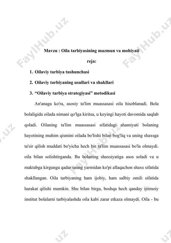 aniq misollar bilan qo'llab-quvvatlanishi juda muhim, shunda u kattalarda nazariya amaliyotdan ajralib chiqmasligini ko'radi. kichkina odamni tarbiyalashda asosiy narsa ma'naviy birlikka erishish, ota-onalarning bola bilan axloqiy aloqasi. hech qanday holatda ota-onalar tarbiya jarayonini o'z yo'liga o'tkazishiga yo'l qo'ymasliklari kerak. ota-onalar o'rtasidagi ziddiyatli vaziyat - bolalarni tarbiyalashda turli yondashuvlar. ota-onalarning birinchi vazifasi umumiy yechim topish, bir-birini ishontirishdir. agar siz murosaga kelishingiz kerak bo'lsa, unda tomonlarning asosiy talablariga javob berishga ishonch hosil qiling. ota-onalardan biri qaror qabul qilganda, u ikkinchisining pozitsiyasini eslab qolishi kerak. ikkinchi vazifa - bolaning ota-onalarning pozitsiyalarida qarama-qarshiliklarni ko'rmasligiga ishonch hosil qilish, ya'ni. bu masalalarni muhokama qilish usiz yaxshiroqdir. bolani tarbiyalash o'zaro munosabatlarning ko'plab shakllaridan iborat bo'lib, oilada birgalikdagi hayotda tug'iladi. ota-onalar qaror qabul qilishda birinchi navbatda o'z qarashlarini emas, balki bola uchun nima foydaliroq bo'lishini qo'yishlari kerak. bolani ota-ona u kabi qabul qilishi mumkin (shartsiz sevgi). balki ota-onalar farzandi kutganlarini qondirsa, yaxshi o‘qib, o‘zini tutsa uni yaxshi ko‘rar, …