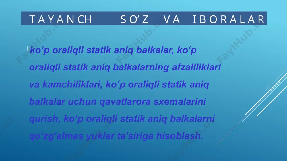 rga nisbatan quyidagicha kamchiliklarga ega: ko‘p oraliqli sharnirli balkalar yaxlit balkalarga nisbatan mustahkamligi kam bo‘ladi. sharnirlar tayyorlash texnoloнgасiоyс вaа нsасiосbстiанrцmиялuариncha qiyin hisoblanadi. ko‘p oraliqli statik aniq balkalar to‘g‘risida tushuncha. har bir oraliqda sharnirlar soni 2 tadan ortiq bo‘lmasligi shart. agar bir oraliqda sharnirlar soni 2 ta bo‘lsa, undan oldingi va keyingi oraliqlarda sharnir bo‘lmasligi shart (2-rasm, a). agarda oraliqlarda 1 tadan sharnirlar qo‘yilgan bo‘lsa, u vaqtda balkaning bir oralig‘i sharnirsiz bo‘lishi shart (2-rasm, b). а) б) 2-rasm ko‘p oraliqli statik aniq balkalar to‘g‘risida tushuncha. ko‘p oraliqli statik aniq balkalar uchun qavatlarora sxemalarini qurish. 3-rasm ас.б. ёр.б. ёр.б. ko‘p oraliqli sharnirli statik aniq balkalarni hisoblash uchun ularning elementlarining o‘zaro bog‘lanishi yoki qavatli tarhlari tuziladi. buning uchun u asosiy va yordamchi balkalarga ajratiladi (3-rasm, a, b). а) осма б. осма б. ас.б. ас.б. ас.б. ёр.б. б) насос ва насос станциялари ko‘p oraliqli statik aniq balkalar uchun qavatlarora sxemalarini qurish. ko‘p oraliqli statik …