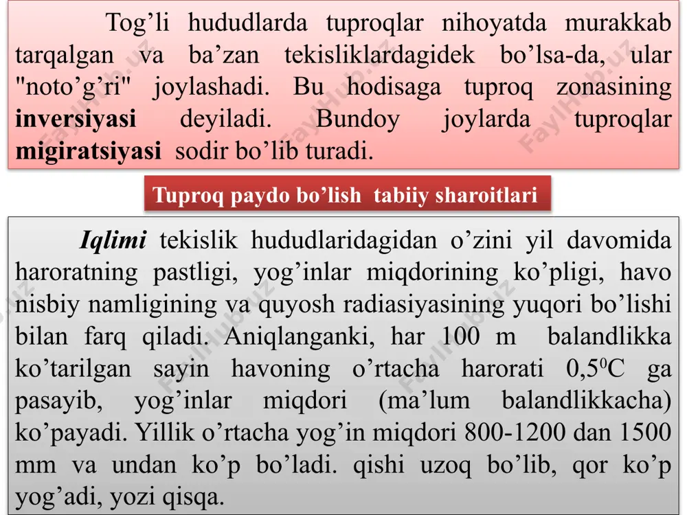 loqi tuproqlari torfli chim gorizontining yaxshi ifodalanganligi, qo’ng’ir (och qo’ng’irdan to’q qo’ng’irgacha) tusi, ammo uncha qalin bo’lmagan (20-40 sm) gumusli gorizontining mavjudligi bilan xarakterlanadi. gumusli a1 gorizonti kamroq torflangan, kukunsimon donali yoki changsimon uvoqli strukturaga ega, ko’pincha temir oksidlari ta’sirida zang tusli ko’rinishida bo’ladi. tog’-o’tloqi va tog’-o’tloqi-dasht tuproqlarida 8-20 foizgacha gumus bo’ladi va uning tarkibida gumin kislotasiga nisbatan fulvokislota ko’proq. azot miqdori 0,3 dan 1,2 foizgacha o’zgarib turadi. harakatchan fosfor va kaliy oz. singdirilgan kationlar orasida kalsiy va magniy bilan bir qatorda vodorod va alyuminiy ham ko’p bo’ladi, natijada tuproqda kislotali reaksiya vujudga keladi (ph 4,6-5,3). tog’-o’tloqi tuproqlarda odatda podzollanish belgilari bo’lmaydi. bu tuproqlar orasida tipik chimli tog’-o’tloqi, torfli va torf-gleyli tog’-o’tloqi tuproqlar ko’proq uchraydi o’rta osiyo tog’lari tuproqlari. o’rta osiyo tyanshan va pomir tog’ sistemalariga kiruvchi qator (farg’ona, xisor, jung’oriya olatau, kopetdog’ singari) yirik tog’ tizmalari ajratiladi. o’rta osiyo tog’ viloyatlarining tuproq qoplami nihoyatda murakkab tuzilgan va turli tuman. …