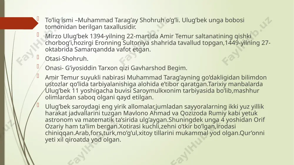 oblarida o’rta asrlar ucgun eng aniq bo’lgan sinus va tangens jadvallari keltirilgan. 3.”zij”ning 3-maqolasi 13 bobdab iborat.faqat astronomiyaga bag’ishlangan.bunda oy-quyosh va besh sayyoraning harakatlari haqida bahs yuritiladi. 4.”zijning oxirgi –yulduzlarning doimiy harakati” deb nomlangan to’rtinchi maqolasi 2 bobdan iborat,u asosan ilmi nujumga bag’ishlangan. 8 ulug’bek madrasasi haqida ulug'bek madrasasining qurilishi 1417-yilda boshlangan va uch yil mobaynida qurib bitkazilgan. bu ilmgohda dars bergan mudarrislar orasida qozizoda rumiy va taftazoniy kabi mashhur olimlar ham bo'lgan. qozizoda rumiy maslahati bilan ulug'bek g'iyosiddin jamshid koshoniyni samarqandga taklif qiladi. 1420-yilda madrasaning ochilishi vaqtida bu yerga to'plangan olimlar soni 100 dan ortib ketadi. o'z davrida samarqanddagi ushbu ziyo maskani "madrasayi oliya" degan nom bilan ulug'langan. zayniddin vosifiy "badoiy ul-vaqoi" kitobida yozishicha "...bosh mudarris sifatida shamsiddin muhammad havofiy tayinlangan", degan ma'lumot beradi. shuningdek, madrasada qozizoda rumiy, g'iyosiddin koshiy, mirzo ulug'bek, ali qushchilar asosiy ma'ruzalarni o'qiganlar. ushbu madrasa hozirgi kunda ham "registon ansambli"da o'zining qadimiyligi va ulug'vorligi bilan …