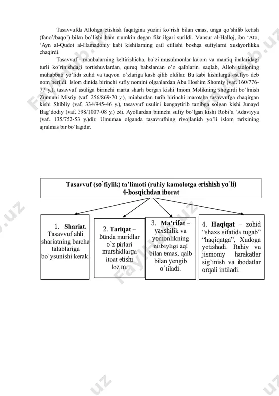 solik xudoga yetishish yo‘liga g‘ov bo‘ladigan jamiki narsalardan qaytishga qasamyod etadi, butun intilishi, tavajjuhini ollohga qaratadi, avvalgi hayot tarzidan butunlay voz kechadi. tavba kufrdan, shariat man’ etgan nahyi va yomon ishlardan qaytish, zamima axloqdan hamida axloqqa qaytish, haqning g‘ayri bo‘lgan narsalardan qaytish kabilarni o‘z ichiga oladi. vara’ so‘zining ma’nosi parhez, taqvo bo‘lib, bulg‘anishlardan, ma’naviy zarar keltiradigan shubhalardan saqlanish demakdir. shibliyning ko‘rsatishicha, vara’ning uch ko‘rinishi bor: til vara’i, ya’ni tilni bema’ni gaplar uchun ishlatmaslik, g‘iybat-tuhmatga berilmaslik; ko‘z vara’i - shubhali narsalardan saqlanish, g‘aliz shakllarga boqmaslik; qalb vara’i, ya’ni past himmatni tark etish va noxush qiliqlarni qilmaslik. zuhd - vara’ning davomi hisoblanadi, bu ham parhez qilish demakdir. ammo bunda taom va ichimlikdan saqlanish, halol va haromni ajratishga alohida ahamiyat beriladi. zuhd so‘fiy uchun dunyo va oxirat tarki, dunyo moliga ega bo‘laman deb intilmaslikdir. faqr - ma’nosi qashshoqlik, benavolik. so‘fiylar nazdida ulug‘vor ilohiy mohiyat kasb etish bo‘lib, xudoga bandalikni sidqidildan oliy darajada bajo …