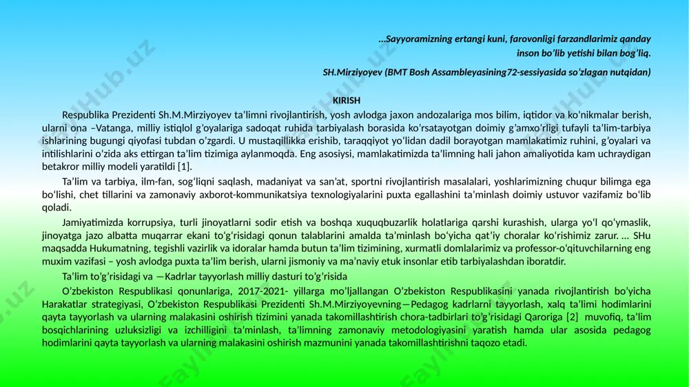 darslarida kimyoviy tajribalardan ko’proq foydalanish orqali, o’zi yashab turgan hududdagi kimyoviy ishlab chiqarish korhonalari to’g’risidagi bilimlardan o’rinli foydalansa va bu korxonalardagi kimyoviy jarayonlarni tenglamalarini yozishni o’quvchilarga o’rgata olsa yoqori natijaga erishishi mumkin. kimyo fani va innovatsion texnologiyalar jadal rivojlanayotgan davrda o’quvchilarni kimyoviy jarayonlarni kimyoviy tenglamalar bilan izoxlab borishi ularni kimyo faniga qiziqishlarini yanada ortishiga va kimyodan olgan bilimlarini mustaxkamlanishiga olib keladi. kurs ishining ob’ekti va predmeti: modulning ob’ekti – interfaol o‘qitish metodlari, texnologik xarita, modul tizimi, modulning uslubiy ta’minoti, modul bo‘yicha ma’ruzalar, animatsiyalar, videoroliklar va boshqalar. modulning predmeti –«kimyo» fanidan «kimyoviy kinetika» bobining «o’rta maktab kimyo kursida reaksiya tushunchasini shakllantirish va rivojlantirish » mavzusini o‘rganish hamda uni nazariy va amaliy tadqiq etish. kurs ishining maqsad va vazifalari: ishning maqsadi «kimyo» fanidan «kimyoviy kinetika» bobining « o’rta maktab kimyo kursida reaksiya tushunchasini shakllantirish va rivojlantirish » mavzusini o‘qitishning va o’quvchilar bilimini nazorat qilishning yangi progressiv usullarini o‘rganish hisoblanadi. bu maqsadda quyidagi …
