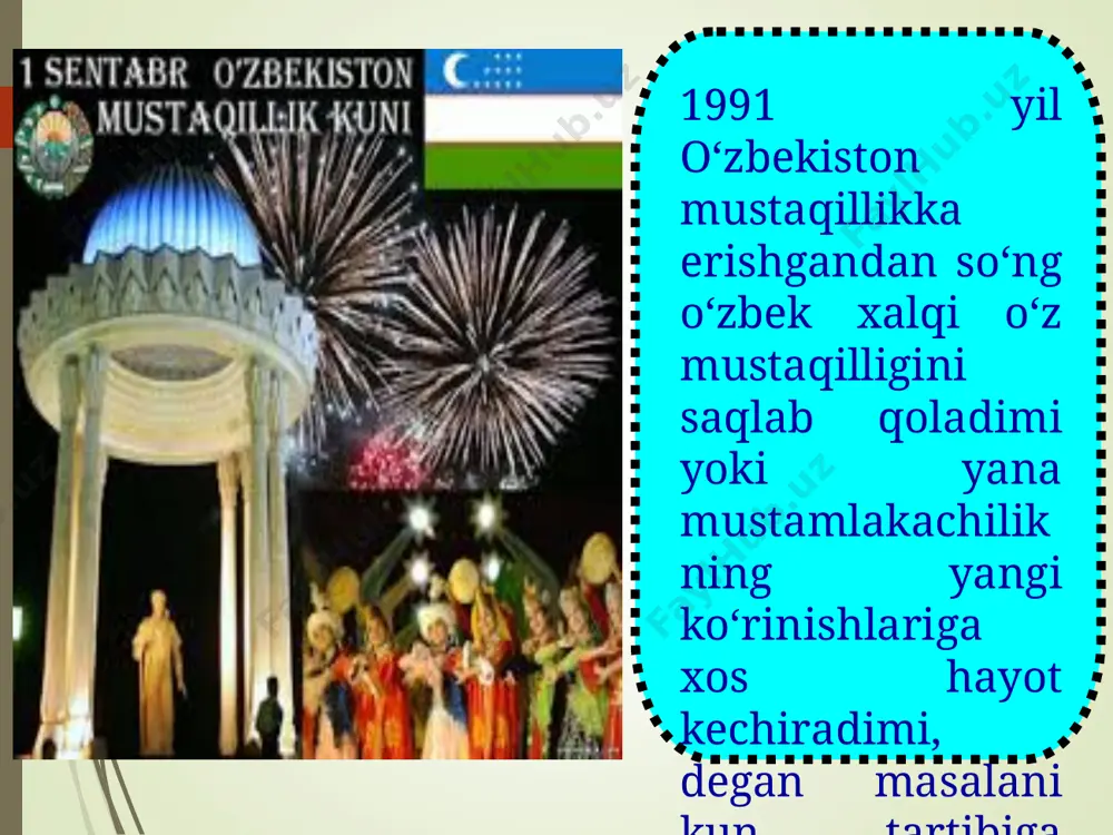 at holatiga o‘tishida, tarkibi va strukturasining xossalari, aloqalari va munosabatlarining o‘zgarishi va shu kabilarda o‘z ifodasini topadi. vaqt taraqqiyotning muhim xususiyatlari qatoriga kiradi. har qanday taraqqiyot real vaqtda sodir bo‘ladi va bu uning orqaga qaytmas yo‘nalishga ega o‘zgarish ekanligini namoyon qiladi. xulosa. biz “o‘zlikni anglash” haqidagi fikrlarni keyingi davrlarda yashab ijod etgan mutafakkirlarimiz qarashlarida ham kuzatishimiz mumkin. zero, o‘zlikni anglash insoniyat taraqqiyotining eng muhim mezonidir. xalqni birlashtirish, mustaqillikni mustahkamlashning birdan bir yo‘li-o‘zbek xalqini uyushtiruvchi, yangi jamiyat qurishga safarbar yetuvchi milliy g‘oyani, jamiyat mafkurasini shakllantirib, xalq ishonchi va e'tiqodiga aylantirish bilan bog‘liq edi. milliy g‘oya o‘zlikni anglashda asosiy mezon hisoblanadi. jadid-ma'rifatparvarlarimizning milliy ozodlik yo‘lidagi faoliyatlari fikrimizning dalidir. tarix saboqlari insonni hushyorlikka o‘rgatadi. taraqqiyot – rivojlanishning oddiydan murakkabga, quyidan yuqoriga yo‘nalgan shakli, uning yuksalishi. foydalanilgan adabiyotlar. o’zbеkiston rеspublikasi konstituttsiyasi,-t., o’zbеkiston 1992. karimov i.a. o’zbеkiston iqtisodiy islohotlarni chuqurlashtirish yo’lida. – t., o’zbеkiston 1995. karimov i.a. barkamol avlod – o’zbеkiston taraqqiyotining poydеvori. “sharq”, 1997. …