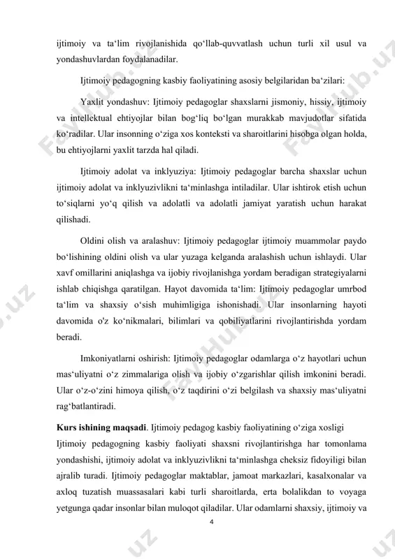 s va ko‘p qirrali tomonlarini o‘rganadi. talabalar samarali ijtimoiy pedagogik amaliyot uchun zarur bo‘lgan nazariy asoslar, turli rollar va amaliy ko‘nikmalar haqida har tomonlama tushunchaga ega bo‘ladilar. tanqidiy tahlil va amaliy tadqiqotlar orqali talabalar ijtimoiy pedagogning turli sharoitlarda ijtimoiy adolat, inklyuzivlik va ijobiy rivojlanishni ta‘minlashga qo‘shgan hissasini o‘rganadilar. shartli ravishda usullarni ijtimoiy-pedagogik voqelikni o‘rganish usullari va uni o‘zgartirish usullariga bo‘lish mumkin (s.v.teterskiy). f.a.mustaeva tomonidan taklif qilingan tasnif ham mavjud bo‘lish huquqiga ega, u quyidagilarni aniqlaydi: tadqiqot usullari, ta‘lim usullari va ijtimoiy-psixologik yordam usullari. ijtimoiy-pedagogik faoliyatning mazmuniy xususiyatlari kontekstida mavjud usullarni quyidagilarga bo‘lish mumkin: ijtimoiy-pedagogik tadqiqotlar, ijtimoiy o‘qitish va tarbiyalash usullari, ijtimoiy-pedagogik yordam usullari (l.n. markina). shuni ta‘kidlash kerakki, zamonaviy pedagogik haqiqatda ilmiy usullarni ta‘lim muassasalari xodimlarining amaliy faoliyati usullariga aylantirish tendentsiyasi mavjud. shunday qilib, haqiqiy amaliy faoliyatda ijtimoiy o‘qituvchi bolaga professional yordam ko‘rsatishi uchun bola va uning atrof-muhiti haqida ob‘ektiv ma‘lumotlarni to‘plash, olingan ma‘lumotlarni tahlil qilish, mumkin bo‘lgan yechim haqida …