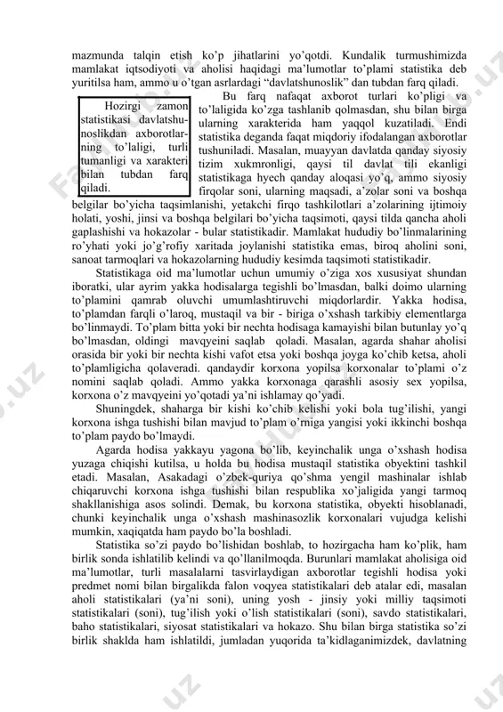 odisalarni o’lchash natijasida hosil bo’ladi. pirovard oqibatda statistik tafakkur uslubi, ya’ni statistika nazariyasi va uslubiyati (metodologiyasi) shakllandi. endi bu uslub nafaqat ijtimoiy-iqtisodiy voqyealarni o’rganishda, balki boshqa sohalarni ham birin ketin egallay boshladi. hozirgi vaqtda u deyarlik barcha fan va texnika sohalarida, tajriba-eksperimentlarda, fizika, kimyo, biologiya, arxeologiya, agronomiya, tibbiyot, psixologiya, sosiologiya, pedagogika, tilshunoslik, harbiy ishlar va hatto tasviriy san’atda hamda musiqa bastalashda qo’llanilmoqda. shunday qilib, statistika yuzaki qarashda oddiy so’z bo’lsa ham, lekin ko’p qirrali mazmunga ega. statistika lotincha “status” - ahvol, holat so’zi bilan italyancha “state” - davlat so’zidan kelib chiqib, davlat ahvoli haqidagi fan. etimologiya, ya’ni so’zlarni kelib chiqishi jihatidan bu atama bevosita qandaydir bitta klassik - grekcha yoki lotincha ildizga ega emas. u lotincha “status”, ya’ni ahvol, holat degan so’zning italyancha “state” - davlat degan so’z qiyofasini olishidan kelib chiqadi. statistika so’zi kundalik hayotga va ilm-fanga xviii asrda kirib keldi. dastlab, savdo va moliya kapitali hamda pul munosobatlari …