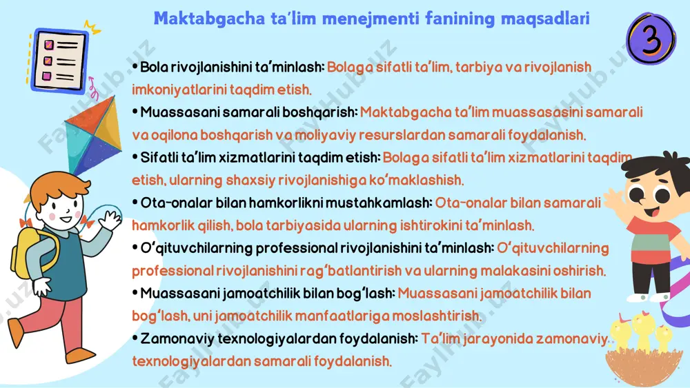 izimimenejmenti tizimi • maktabgacha taʼlim vazirligi: maktabgacha taʼlim siyosatini shakllantiradi, taʼlim standartlarini belgilaydi, muassasalarning faoliyatini nazorat qiladi. • maktabgacha taʼlim muassasalari: taʼlim jarayonini amalga oshiradi, bolalarni tarbiyalaydi va rivojlantiradi. • oʻqituvchilar: bolalarga taʼlim beradi, ularni tarbiyalaydi, rivojlanishini kuzatadi. maktabgacha taʼlim menejmentidamaktabgacha taʼlim menejmentida zamonaviy yondashuvlarzamonaviy yondashuvlar • sifatli taʼlimga yoʻnaltirilgan yondashuv: bola rivojlanishini ustuvor vazifa qilib qoʻyadi, sifatli taʼlim xizmatlarini taqdim etishga intiladi. • innovatsion yondashuv: taʼlim jarayoniga innovatsiyalarni joriy qilishga, zamonaviy oʻquv uslublari va texnologiyalaridan foydalanishga yoʻnaltirilgan. • jamoatchilikka yoʻnaltirilgan yondashuv: muassasani jamoatchilikka tanishtirish, ota-onalar bilan hamkorlik qilish, jamoatchilik manfaatlariga moslashtirish. • moliyaviy resurslarning yetarli emasligi: sifatli taʼlim xizmatlarini taqdim etish uchun moliyaviy resurslarning yetarli emasligi. • oʻqituvchilarning malakasi pastligi: malakali oʻqituvchilar yetishmasligi, ularning malakasini oshirishda qiyinchiliklar. • ota-onalarning taʼlim jarayonida faolligi pastligi: ota- onalarning bola tarbiyasida ishtirok etish darajasining pastligi, oʻqituvchilar bilan hamkorlik qilishda qiyinchiliklar. • zamonaviy texnologiyalardan foydalanishda qiyinchiliklar: zamonaviy texnologiyalardan foydalanishda qiyinchiliklar, oʻqituvchilarning texnik bilim va …