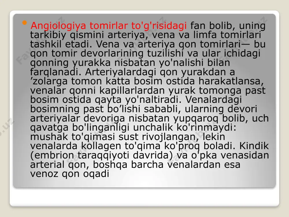lar paydo bo'ladi. klapanlar qonni faqat bir tomonga oqishini ta’minlab, teskari (kapillarlarga qarab) oqishiga yo'l qo'ymaydigan to'siqlar xizmatini bajaradi. ular vena ichki pardasining yupqa, nozik burmalari hisoblanadi. odatda klapanlar juft-juft bo'lib, bir-biriga qaragan bo'ladi va venadan qon harakat qilganda (markazga qarab yo'nalganda), uning devoriga yopishadi. qon teskari harakat qilganda, klapanlar bilan vena devori orasidagi yoriqqa qon kirib qolib, klapanlar vena devoridan yiroqlashadi. natijada klapanlaming erkin chekkalari bir-biriga yaqinlashib tutashadi va vena teshigining shu joyi yopiladi. bu moslamalar qonni faqat yurak tomon oqishini ta’minlaydi. klapanlar vena ichki qavatining yarimoysimon burma shaklidagi o'simtasi bo'lib, ko'pincha juft holda uchraydi. ba’zan bitta yoki uchta o'simta shaklida bo'ladi. klapanlar ko'pincha venoz tomirlaming asosiy o'zaniga quyilish joylarida joylashib, qonning qaytadan shu irmoqchalarga o'tishidan va kapillarlarga ta’siridan saqlaydi. qayerda qonning gidrostatik bosimi yuqori va yo'nalishi qiyinroq bo'lsa, shu yerda klapanlar soni ko'proq uchraydi. oyoq venalari ichidagi klapanlar. qo'l venalariga nisbatan ko'proq bo'lib, ular orasidagi masofa esa qisqaroq …