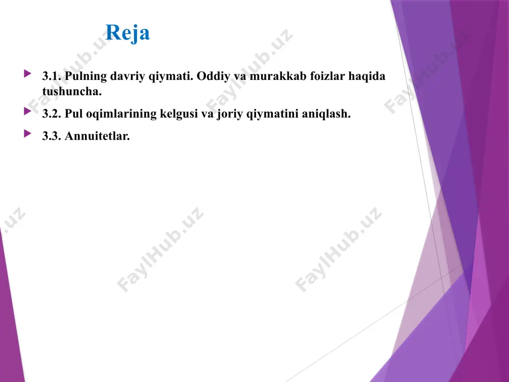 murakkab foiz stavkasi fv = pv * (1+r1)n1 * (1+r2)n2*…..*(1+rk)nk oddiy hisob stavkasi pv fv = -------------------------------- (1 – n1r1-n2r2- …. – nkrk) murakkab hisob stavkasi pv fv = -------------------------------------- (1 – r1) n1 * (1-r2)n2 * …. rk)nk foiz stavkalardan foydalanganda quyidagi terminlardan foydalaniladi: pv - joriy qiymat (present value); fv - kelgusi qiymat (future value); n - yillar soni; r - foiz stavkasi; t - kunlar soni; k - to'liq bir yildagi kunlar soni; m – bir yilda foizlarning hisoblanish soni. inflyasiya darajasini hisobga olganda foiz stavkalari, oddiy foiz stavkasi asosida pul oqimlari kelgusi qiymatlari. fv = pv * (1+nr) (1+a), fv = pv * 1(+a+nr+nra), a+nr+nra fv = pv * (1+n*---------------), n a+nr+nra fv = ---------------- n fv = pv * (1+nra) bu erda, a - inflyasiya darajasi, ra - inflyasiya hisobga olingan oddiy foiz stavkasi. инфляция даражасини ҳисобга олганда фоиз ставкалари, мураккаб фоиз ставкаси асосида пул …