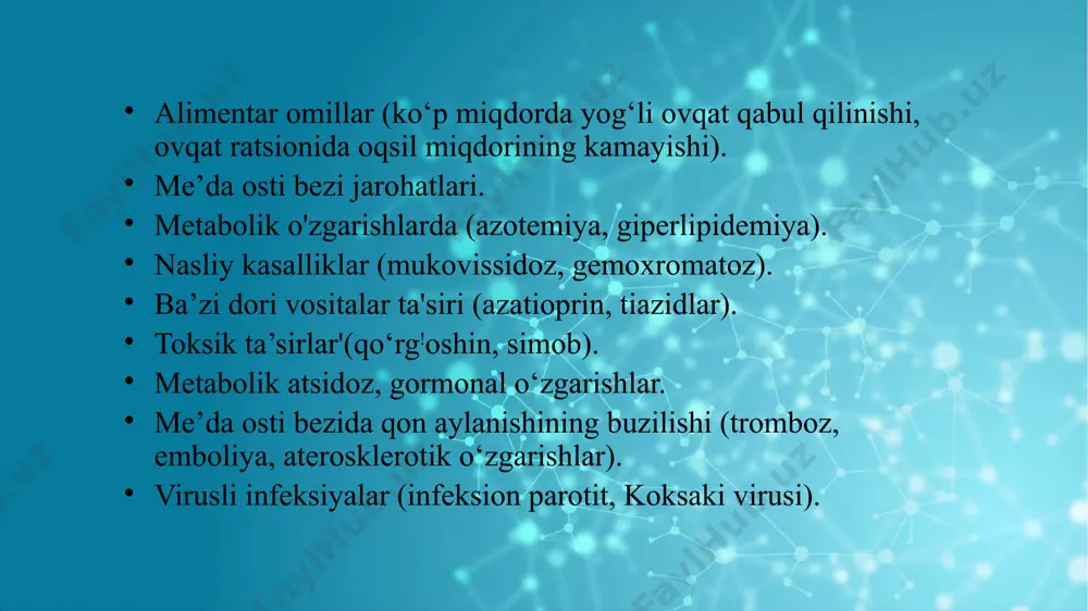 imiy og‘riqlar belga uzatilishi, ishtaha pasayishi, ozish, ich ketishi, meteorizm va me’da osti bezining katta­lashishi, qattiqlashishi bilan kechadi. surunkali pankreatitning sklerozlovchi shakli — ovqat qabul qil- gandan so‘ng kuchayuvchi qorinning yuqori qismidagi og'riqlar, ish­taha yomonlashuvi, ich ketishi, ozib ketish va me’da osti bezining inkretor va ekskretor faoliyatining buzilishi bilan kechadi. uttda me'da osti be­zining zichlashishi va o‘lchamlarining kichiklashishi kuzatiladi. surunkali pankreatitning og‘irlik darajalari: yengil kechishi: kasallikning avj olishi yiliga 1—2 marta, davomiy emas, tez o‘tib ketadi og‘riq sindromi o‘rtacha rivojlangan remissiya davrida bemoming umumiy ahvoli qoniqarli tana vaznining kamayishi kuzatilmaydi me’da osti bezining faoliyati buzilmagan koprologik tahlil me’yorda. o‘rtacha ogir kechishi: kasallikning avj olishi yiliga 3—4 marta, tipik davomiy og‘riq sin­dromi bilan kechadi me’da osti bezining tashqi sekretor faoliyati buzilgan, pankreatik giperfermentemiya kuzatiladi koprologik tahlil amiloreya, steatoreya, kreatoreya kuzatiladi. og‘ir kechishi: tez-tez kuzatiladigan, davomli og‘riq sindromi va yaqqol ko‘ringan dispeptik belgilar bilan namoyon bo‘ladi “pankreatik ich ketishi” tana vaznining keskin …